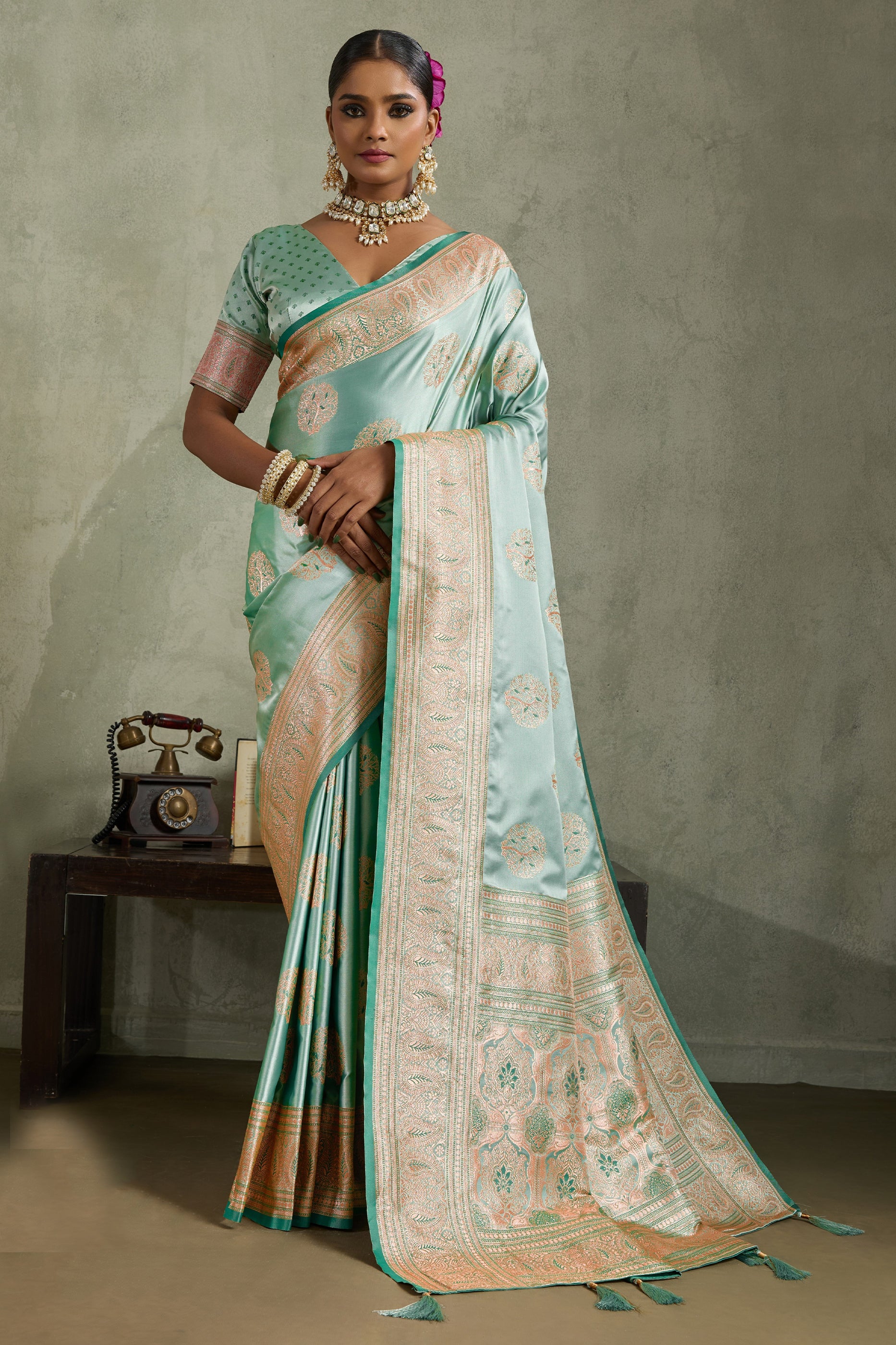 Mint Green Woven Satin Silk Banarasi Saree-SAR11807_1_SareeButa.com