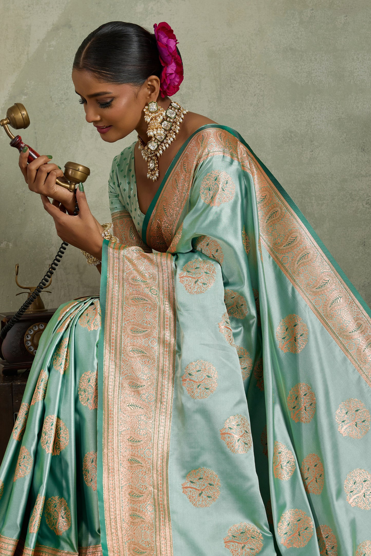 Mint Green Woven Satin Silk Banarasi Saree-SAR11807_2_SareeButa.com