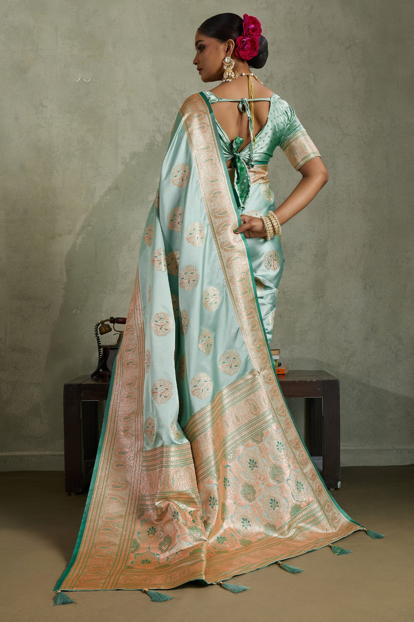 Mint Green Woven Satin Silk Banarasi Saree-SAR11807_4_SareeButa.com