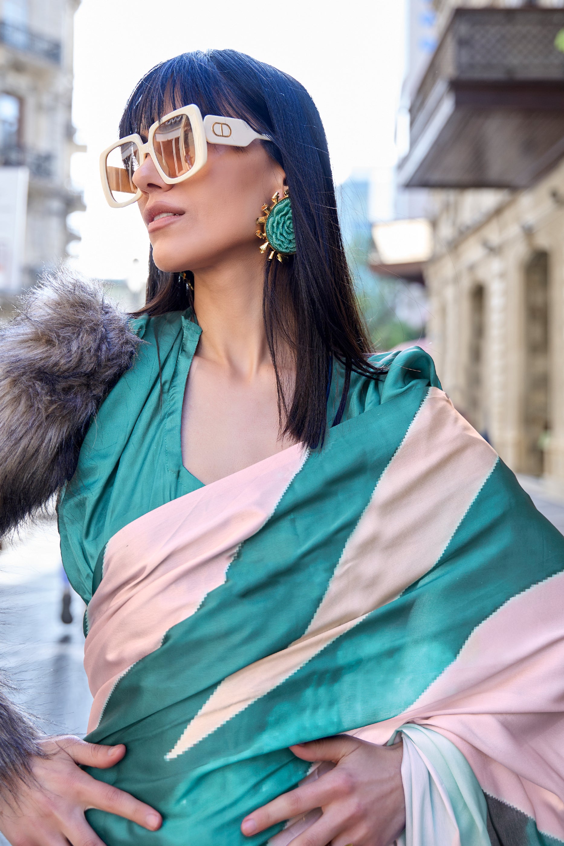 Multi Green Digital Print Satin Saree-SAR12387_2_SareeButa.com