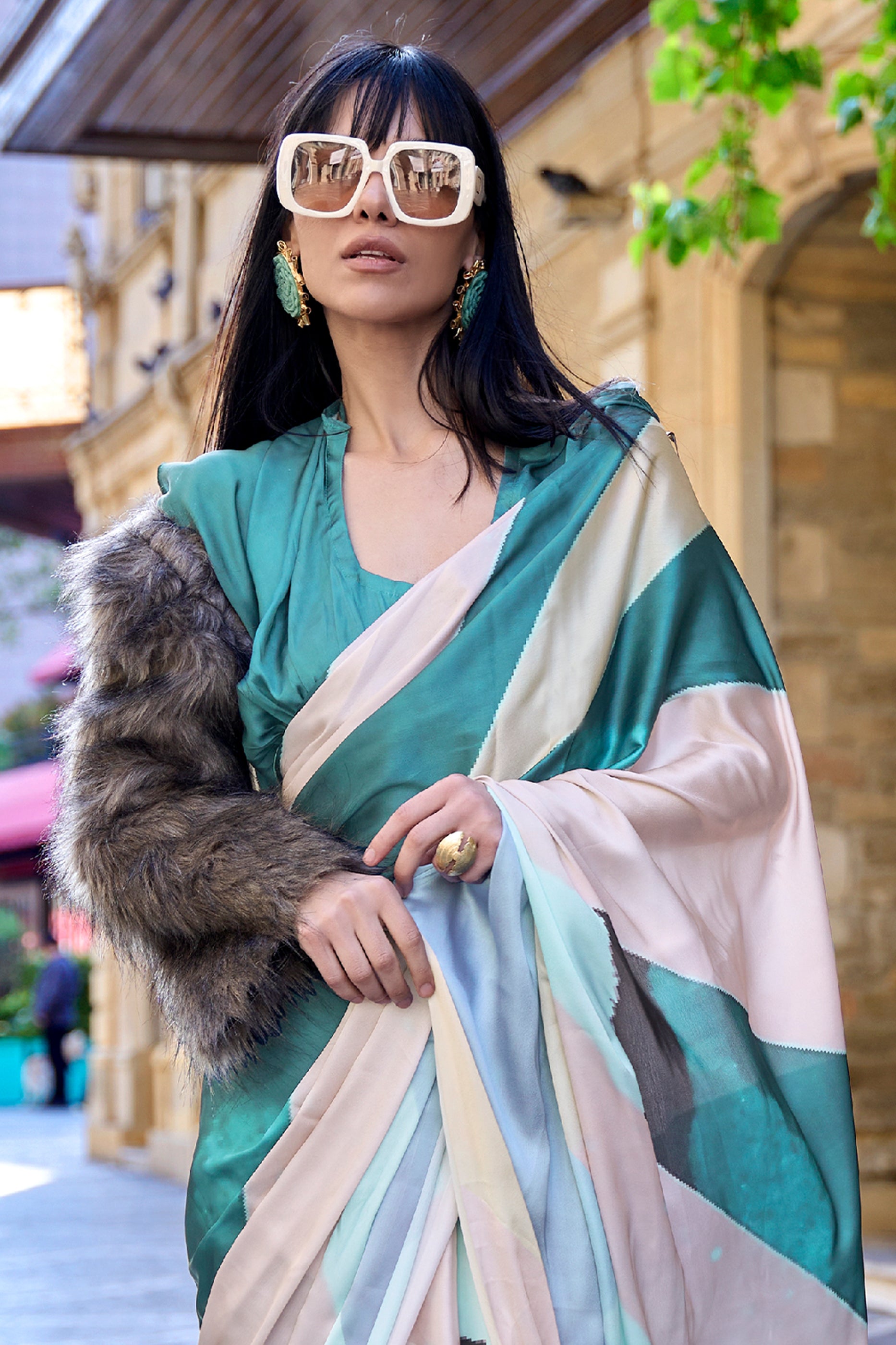 Multi Green Digital Print Satin Saree-SAR12387_4_SareeButa.com