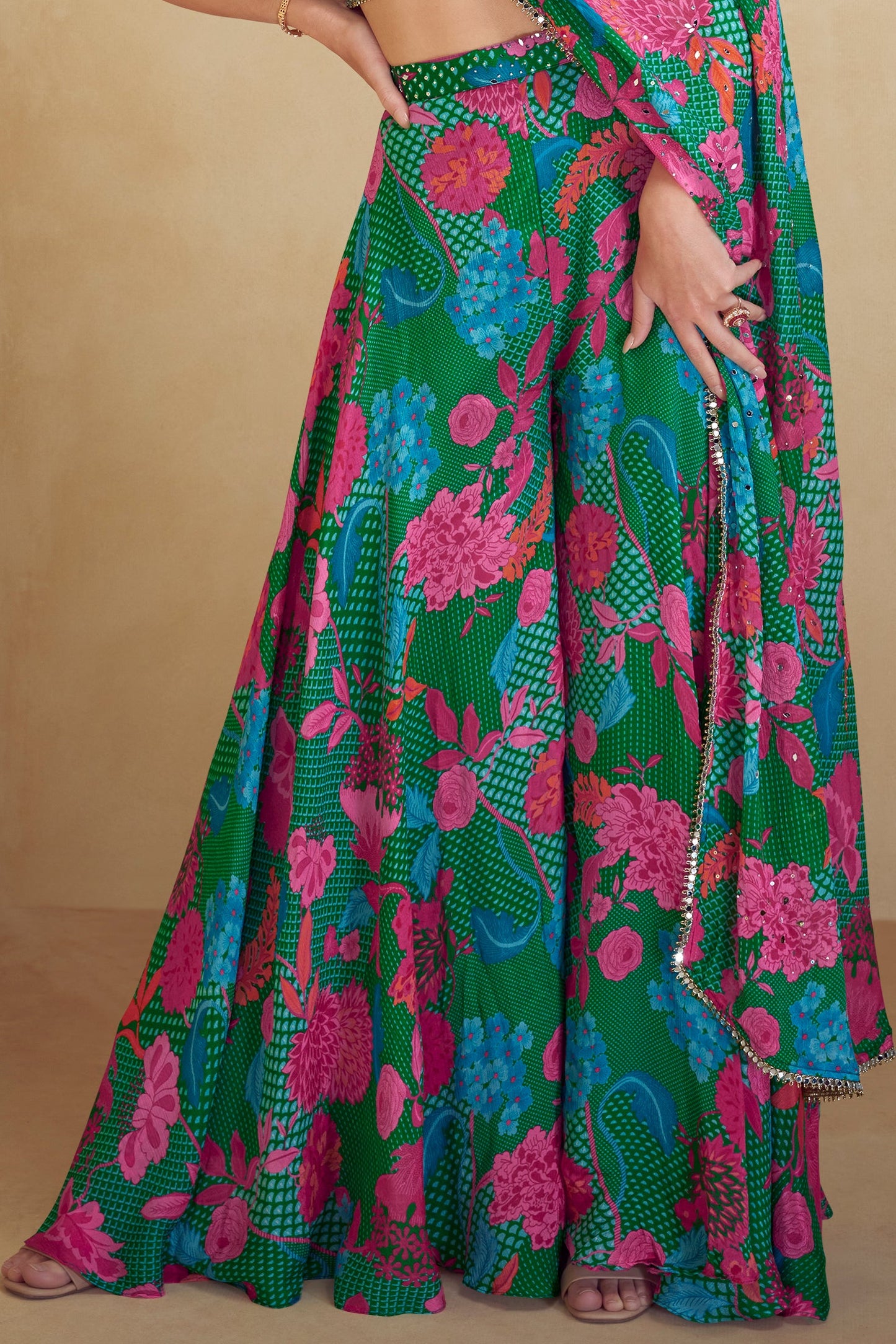 Multi Green Readymade Chinon Palazzo Set-SS779_4_SareeButa.com