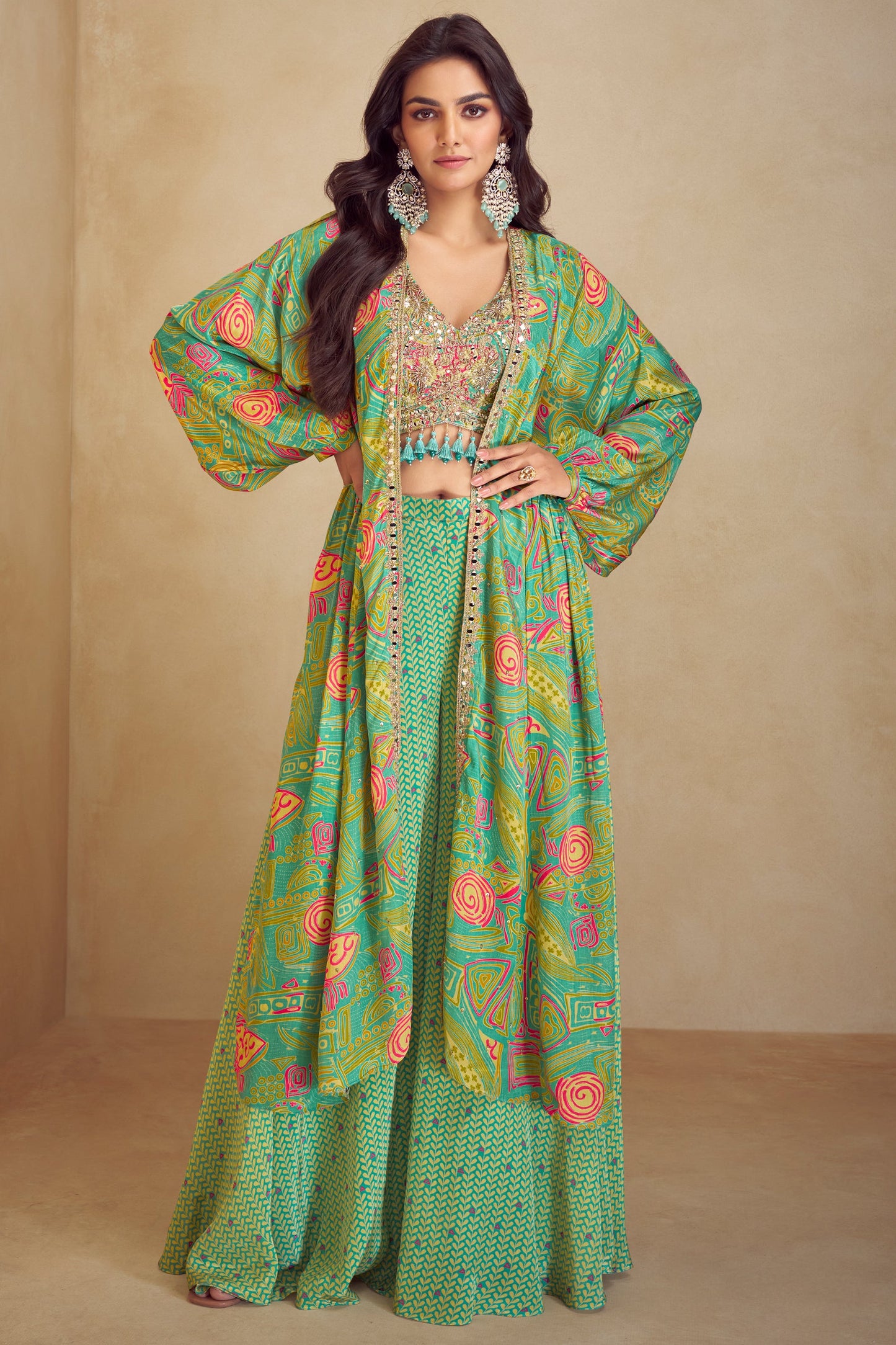 Multi Green Readymade Chinon Palazzo Set with Long Shrug-SS778_1_SareeButa.com
