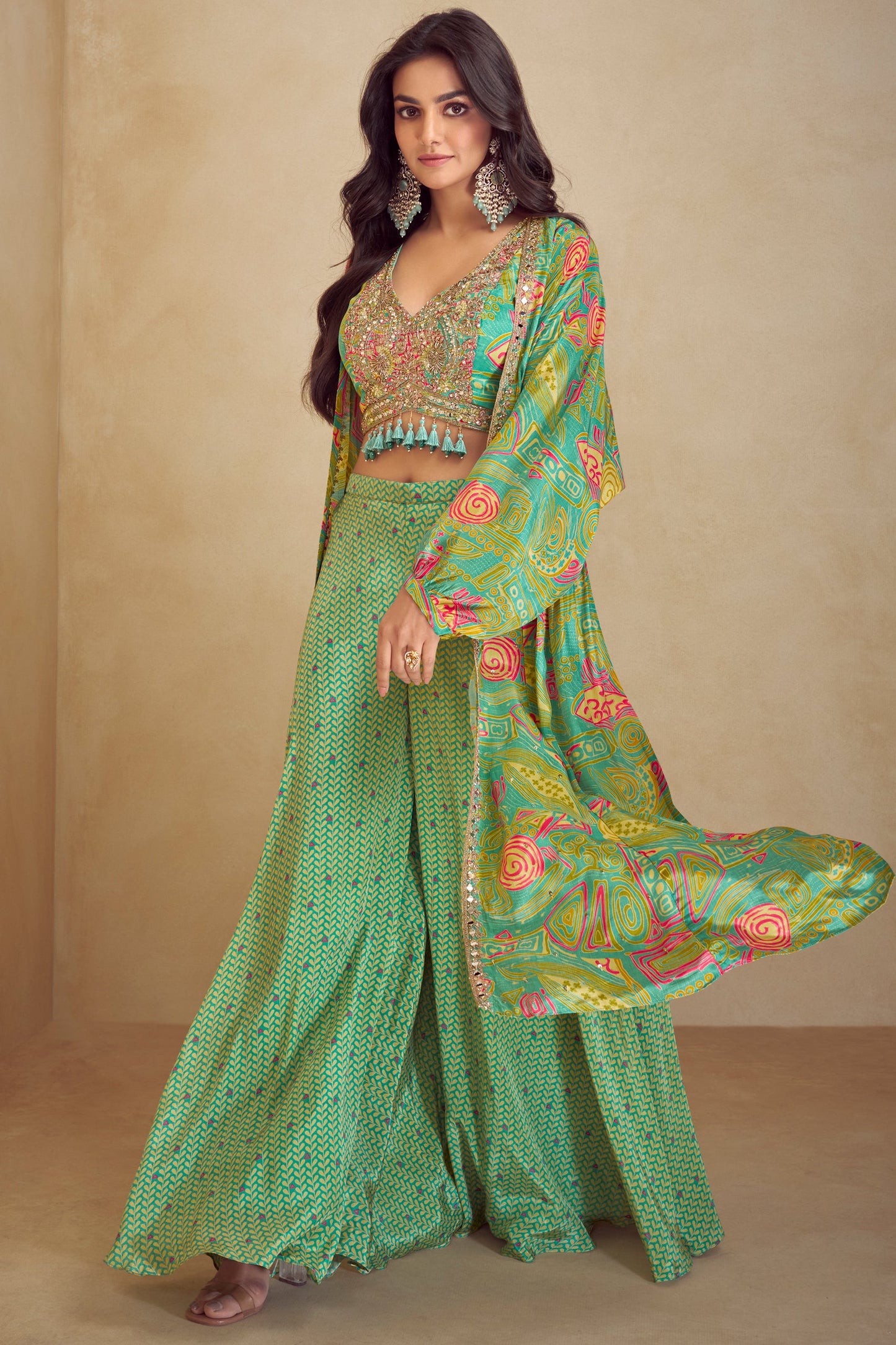 Multi Green Readymade Chinon Palazzo Set with Long Shrug-SS778_3_SareeButa.com