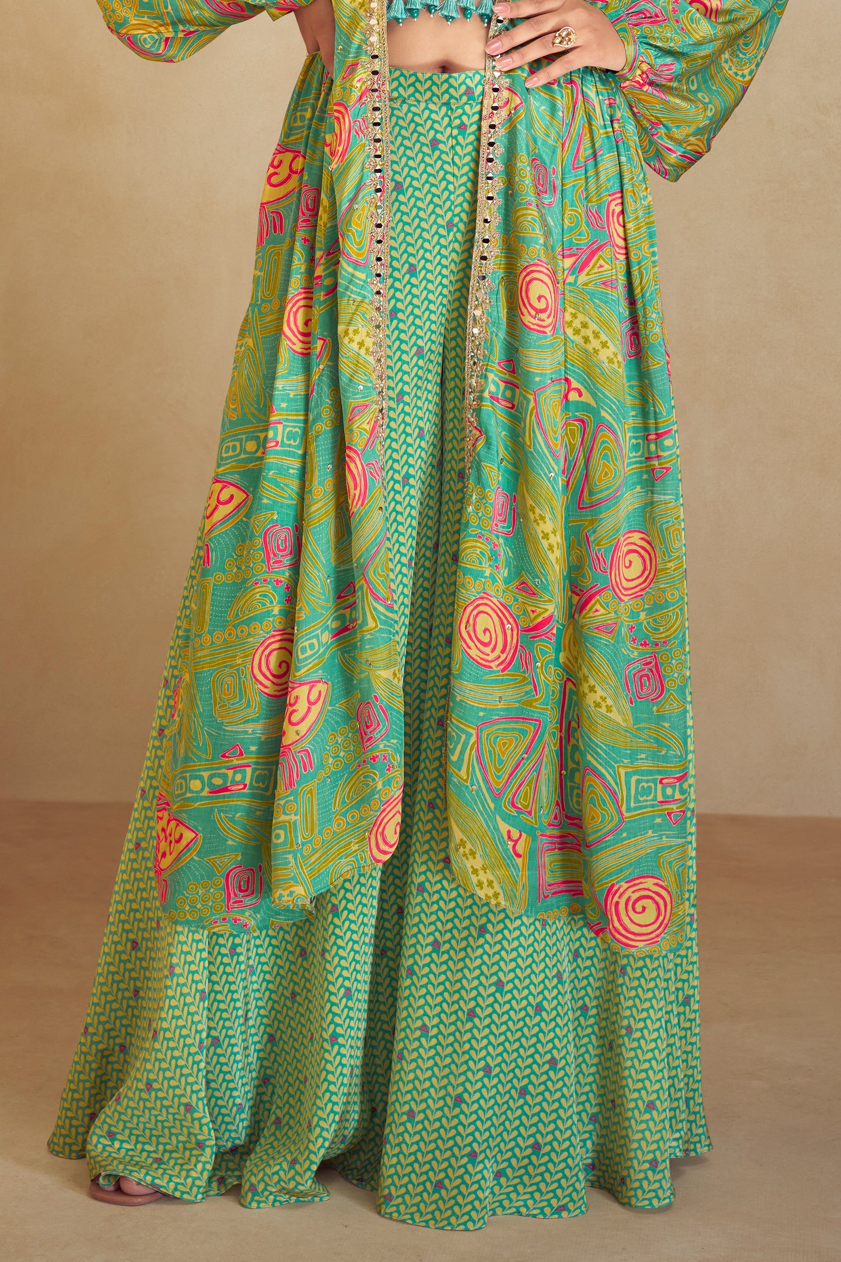 Multi Green Readymade Chinon Palazzo Set with Long Shrug-SS778_4_SareeButa.com