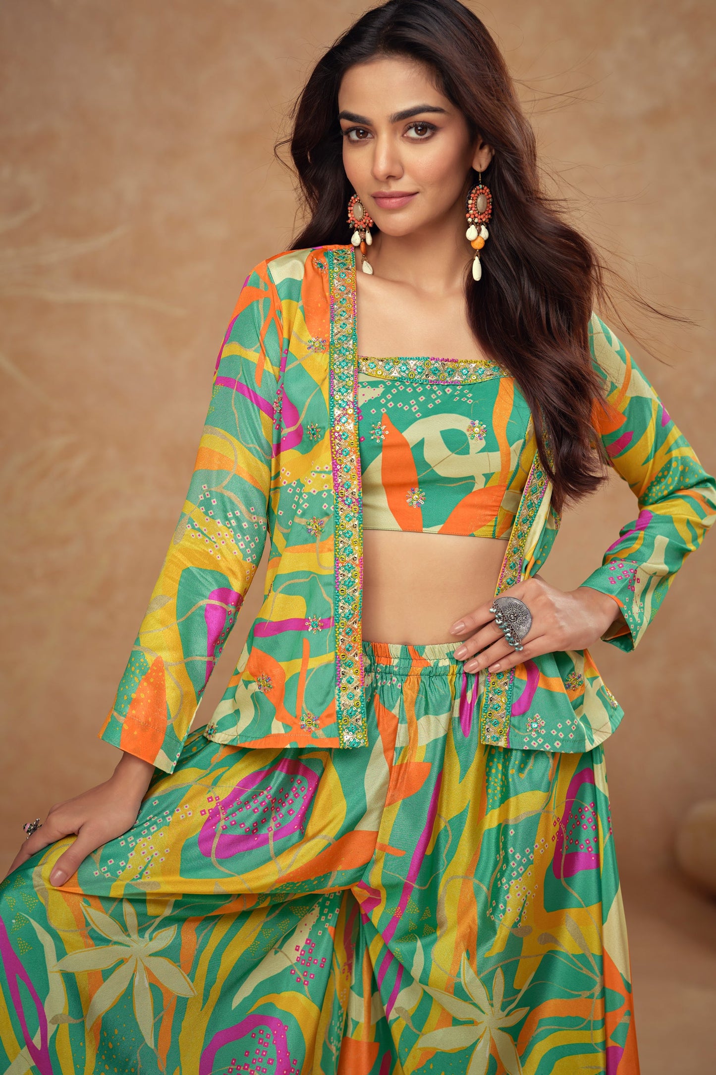 Multi Green Readymade Chinon Palazzo Set with Shrug-SS776_2_SareeButa.com