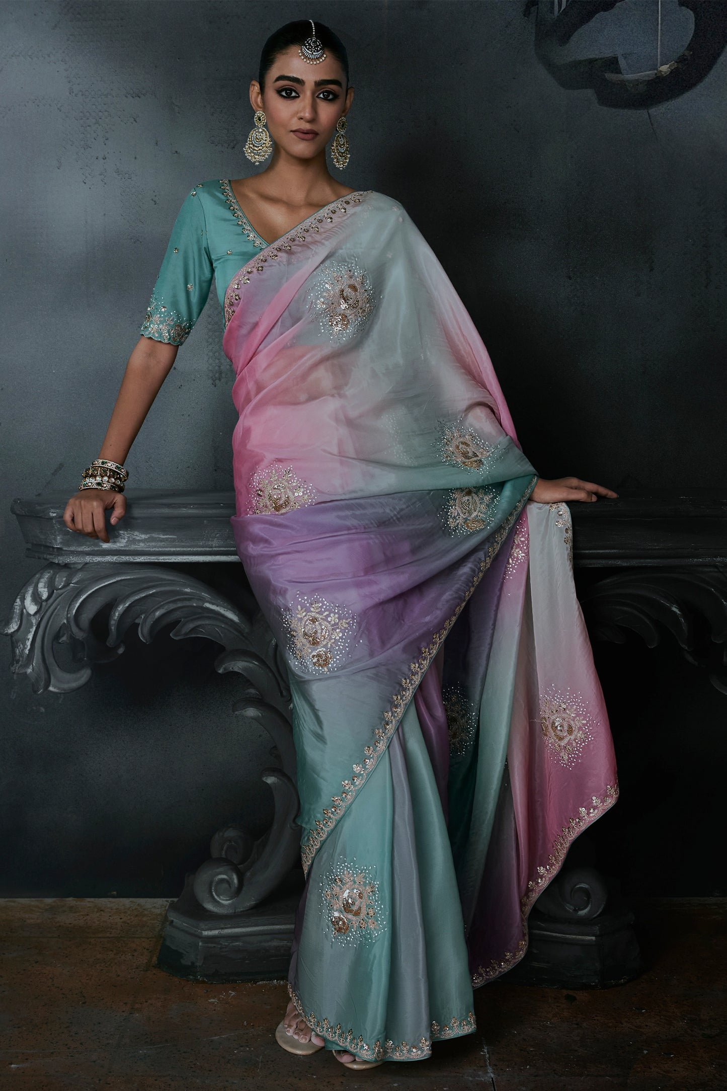 Multi Grey Embroidered Tissue Organza Saree-SAR13105_1_SareeButa.com