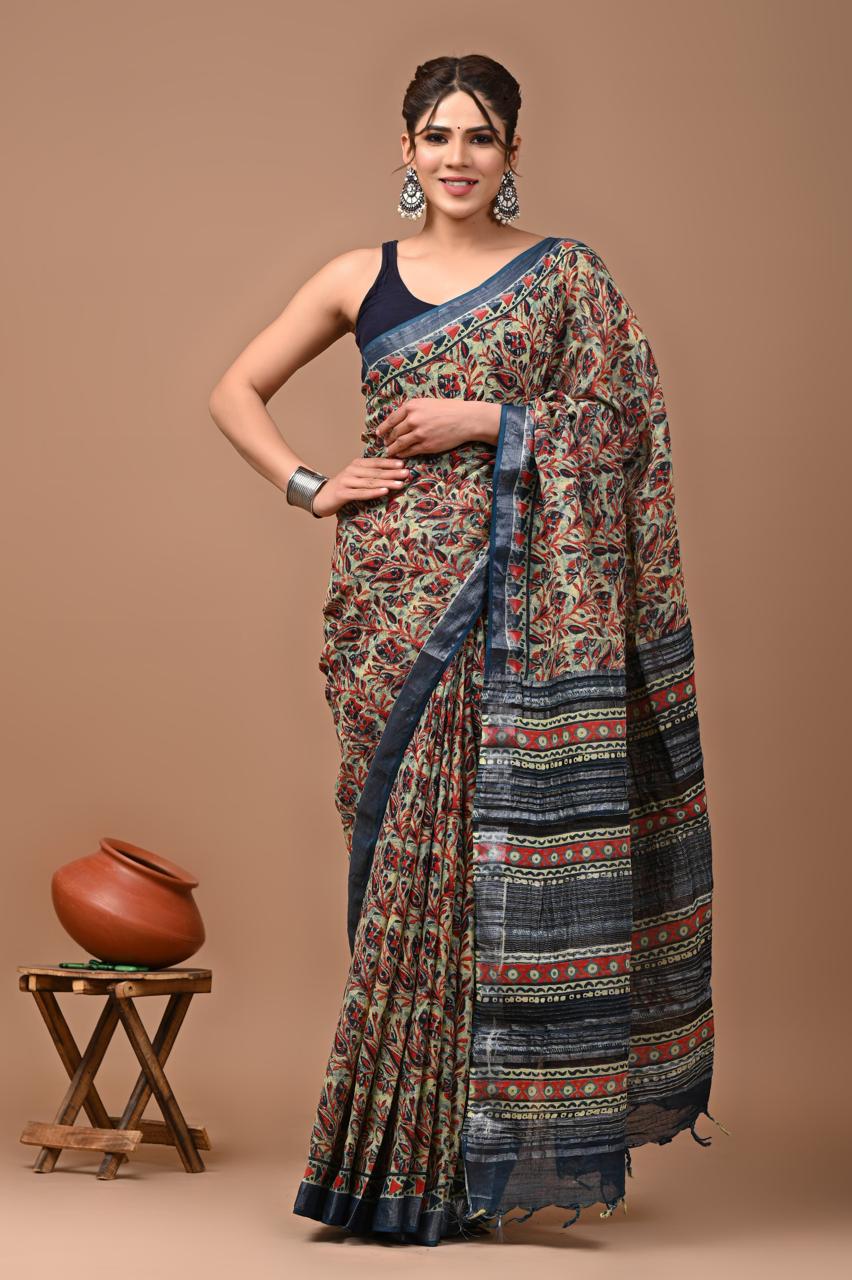 Multi Handblock Print Cotton Linen Saree-ZB132555_1