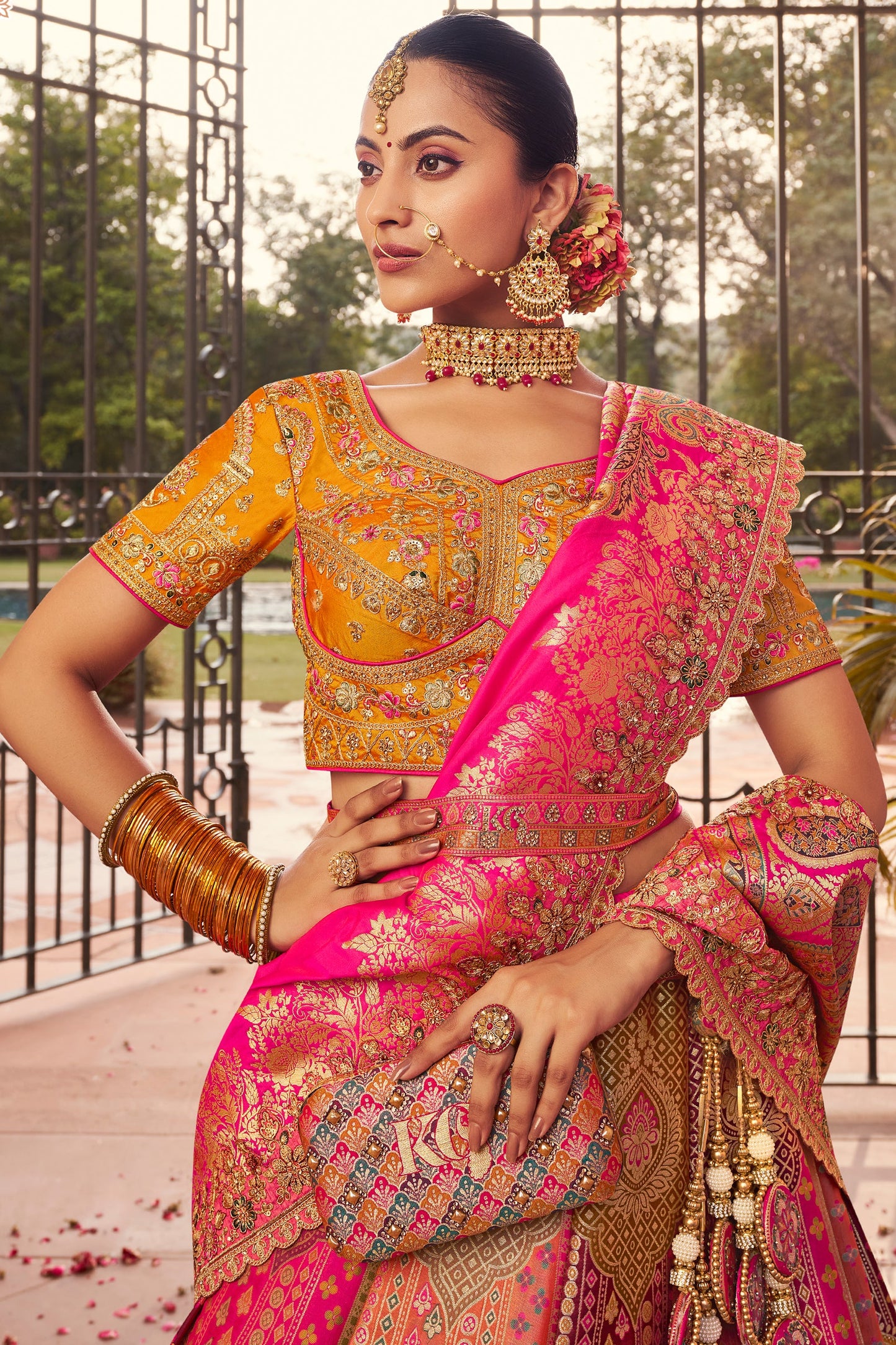 Multi Orange Semi Stitched Heavy Work Banarasi Silk Lehenga-LC193_2_SareeButa.com