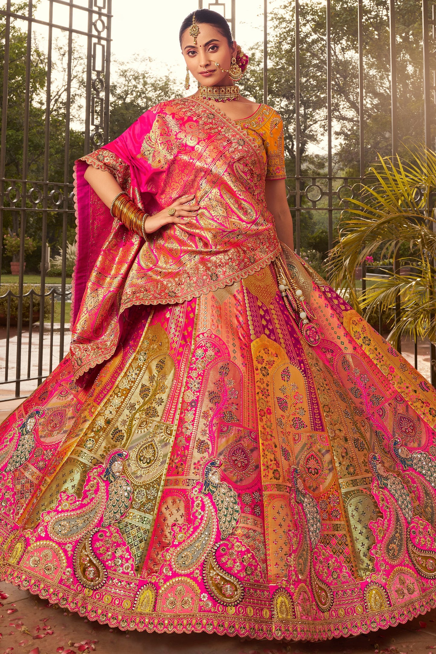 Multi Orange Semi Stitched Heavy Work Banarasi Silk Lehenga-LC193_4_SareeButa.com