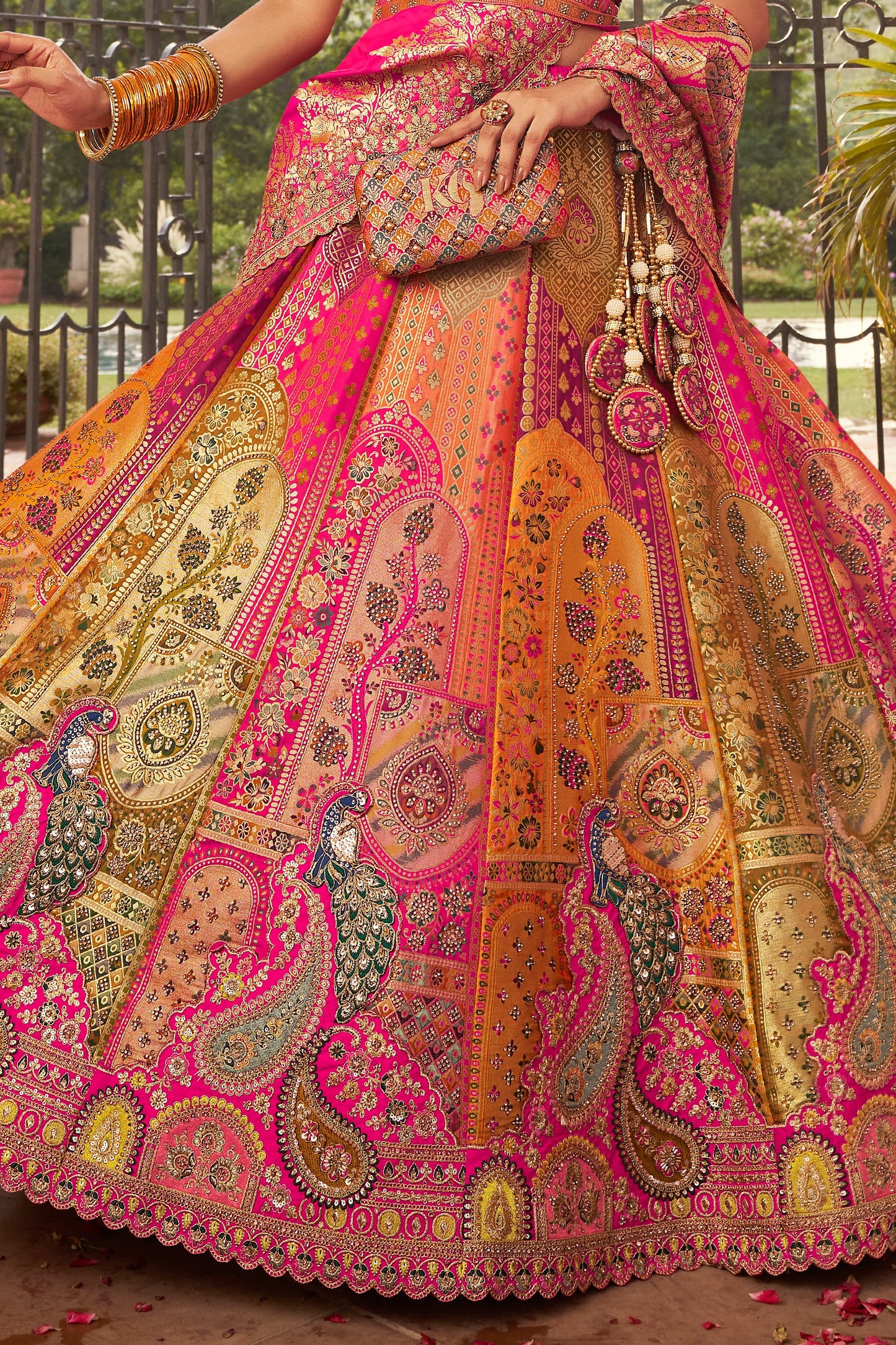 Multi Orange Semi Stitched Heavy Work Banarasi Silk Lehenga-LC193_5_SareeButa.com
