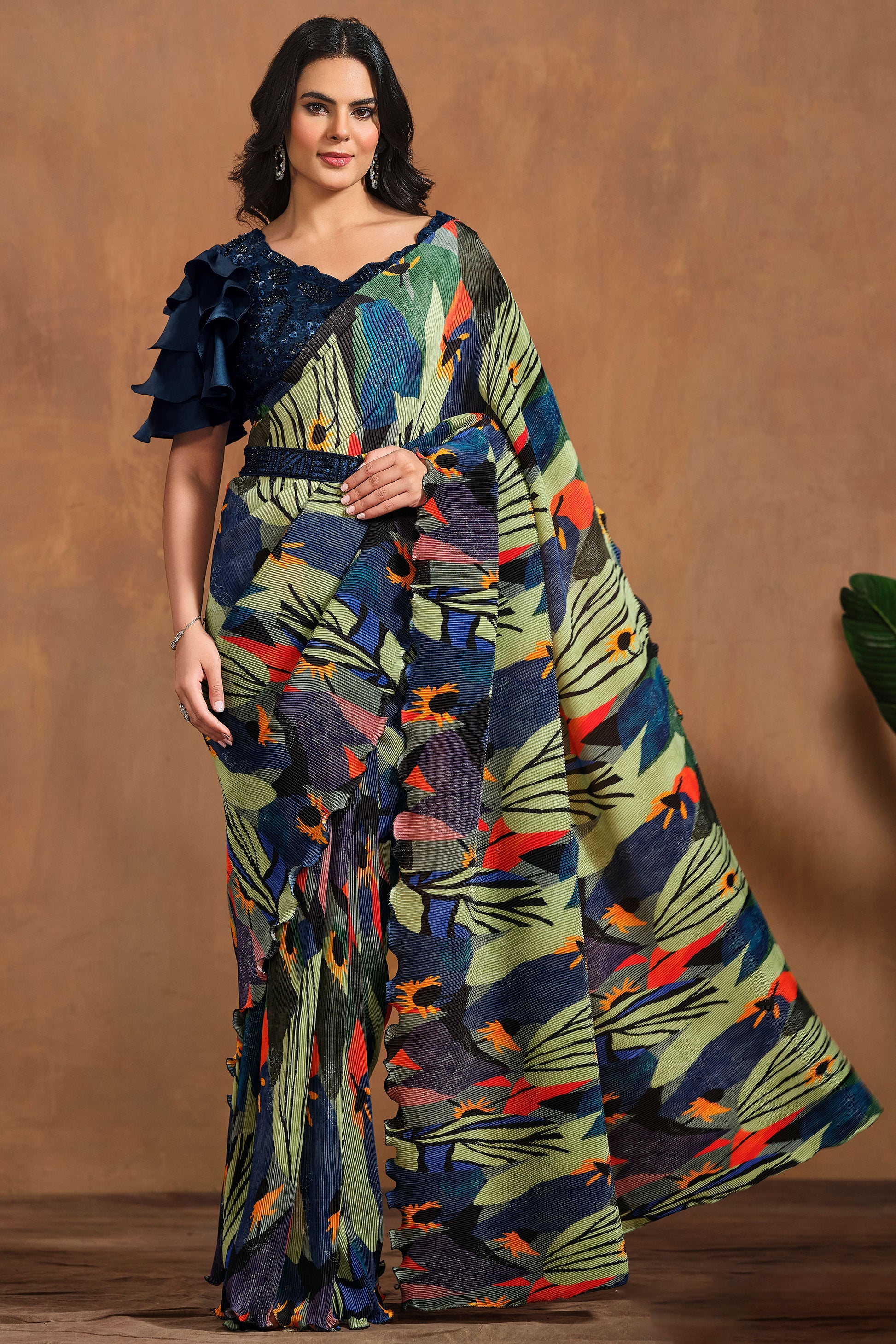 Multicolor Perma Pleated Readymade Saree-ZB133914_1_SareeButa.com