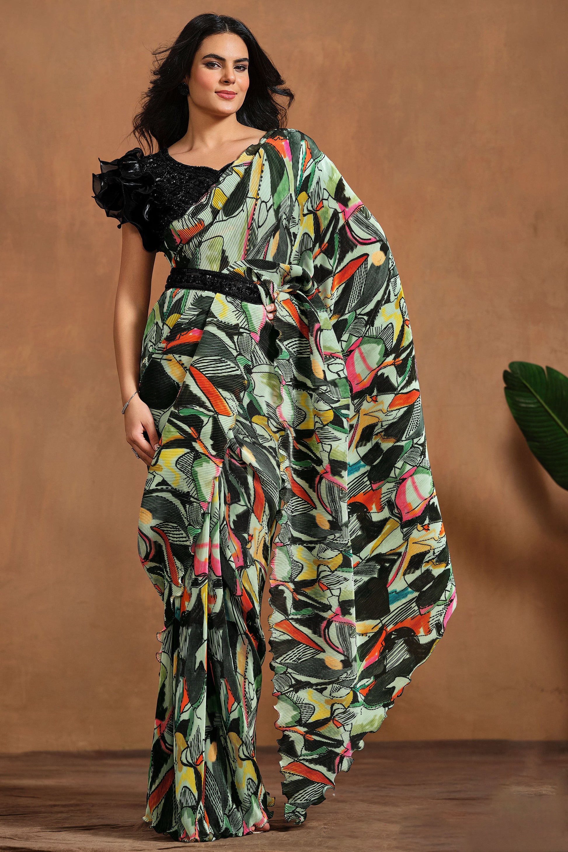 Multicolor Perma Pleated Readymade Saree-ZB133916_1_SareeButa.com