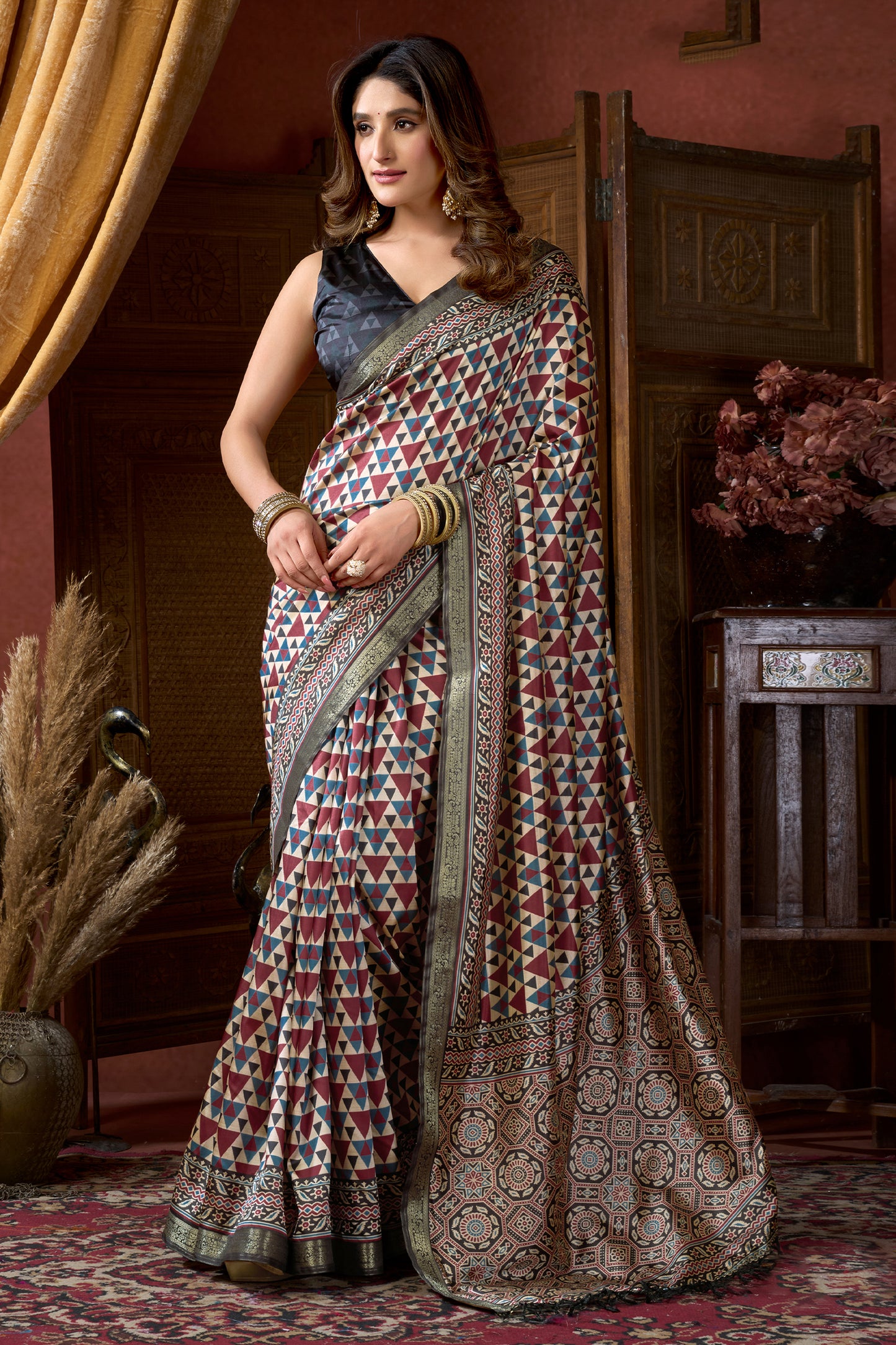 Multicolor Ajarakh Print Silk Saree-SAR12669_1_SareeButa.com