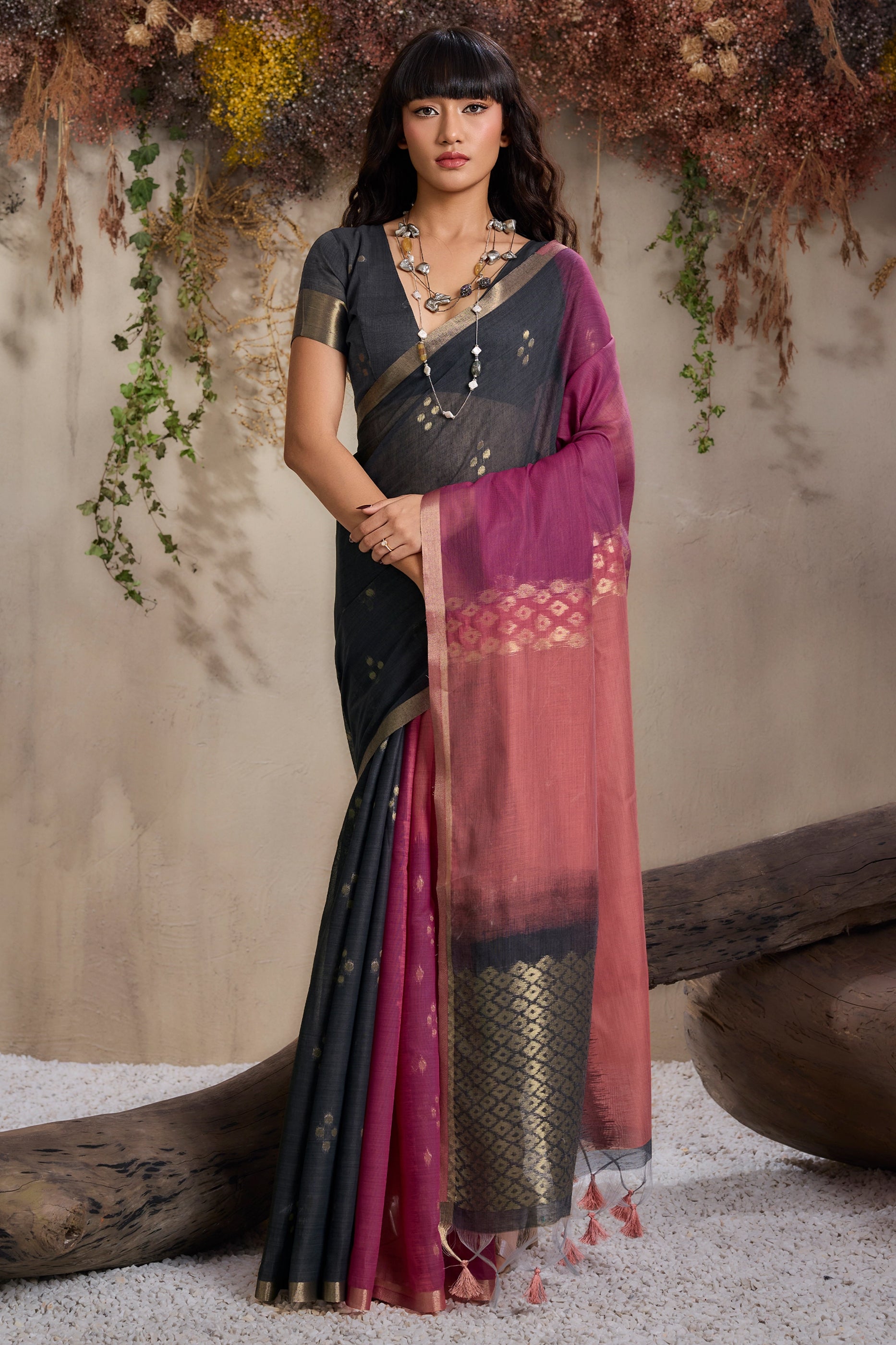 Multicolor Black Woven Viscose Cotton Saree-SAR11951_1_SareeButa.com
