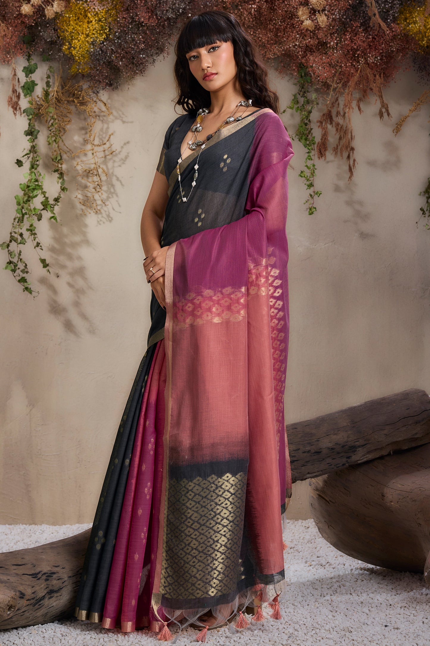Multicolor Black Woven Viscose Cotton Saree-SAR11951_3_SareeButa.com