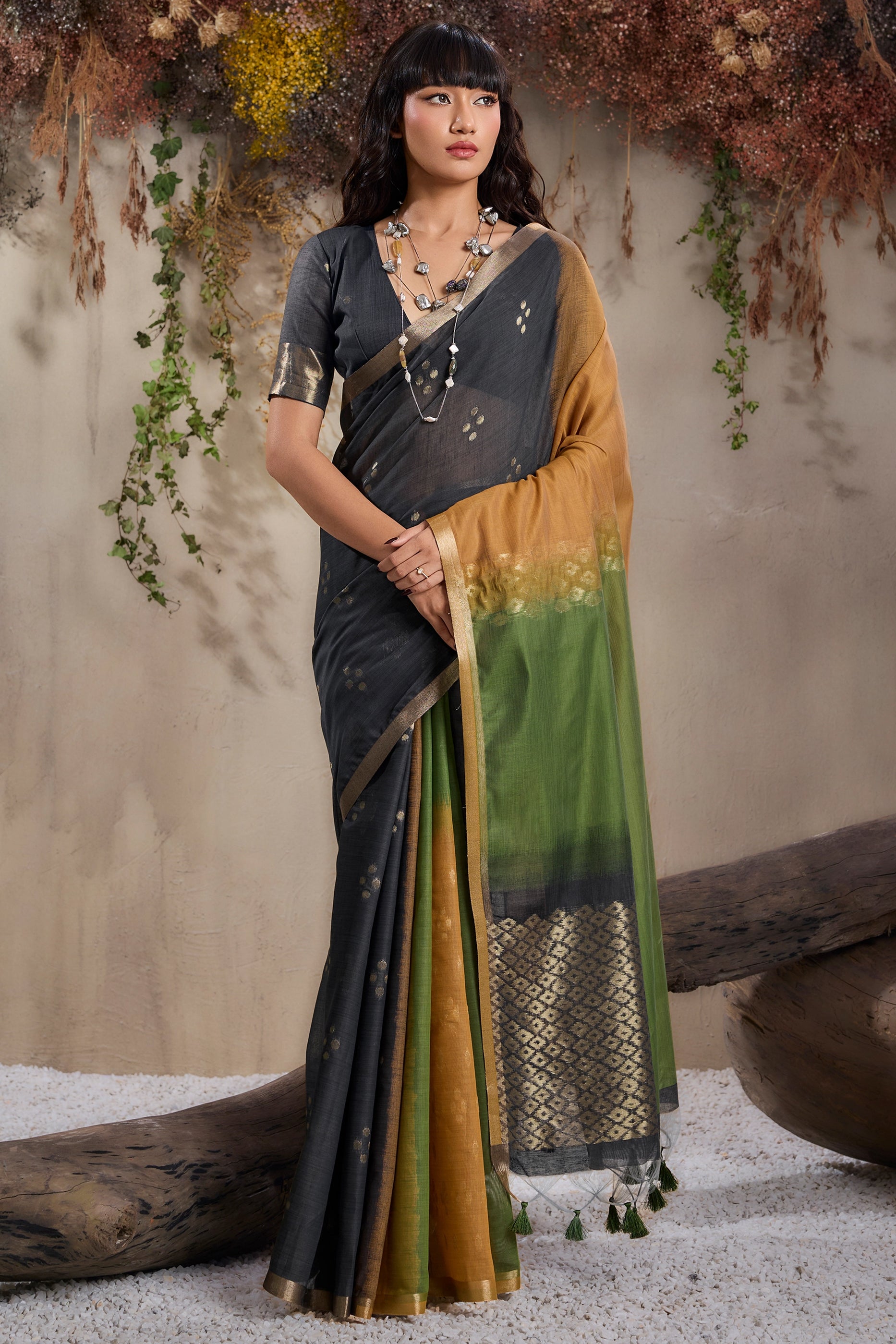 Multicolor Black Woven Viscose Cotton Saree-SAR11952_1_SareeButa.com