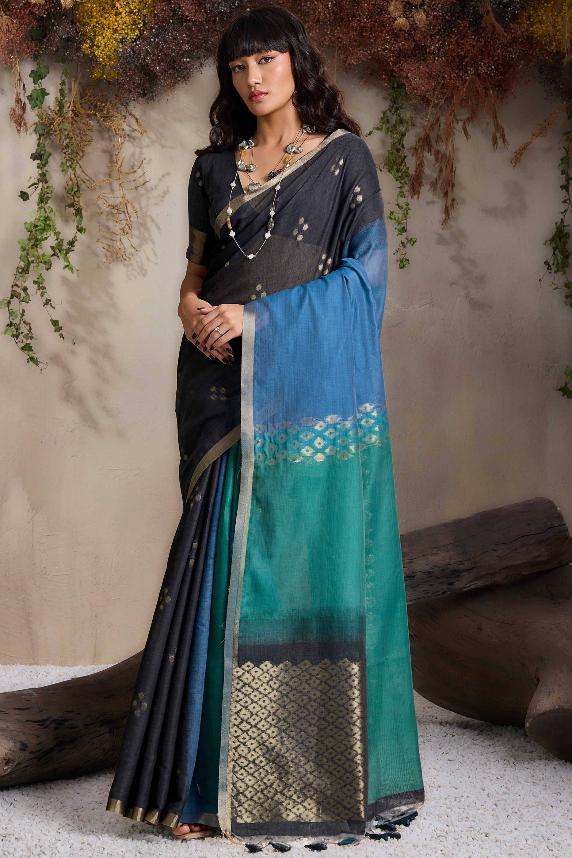 Multicolor Black Woven Viscose Cotton Saree-SAR11953_1_SareeButa.com