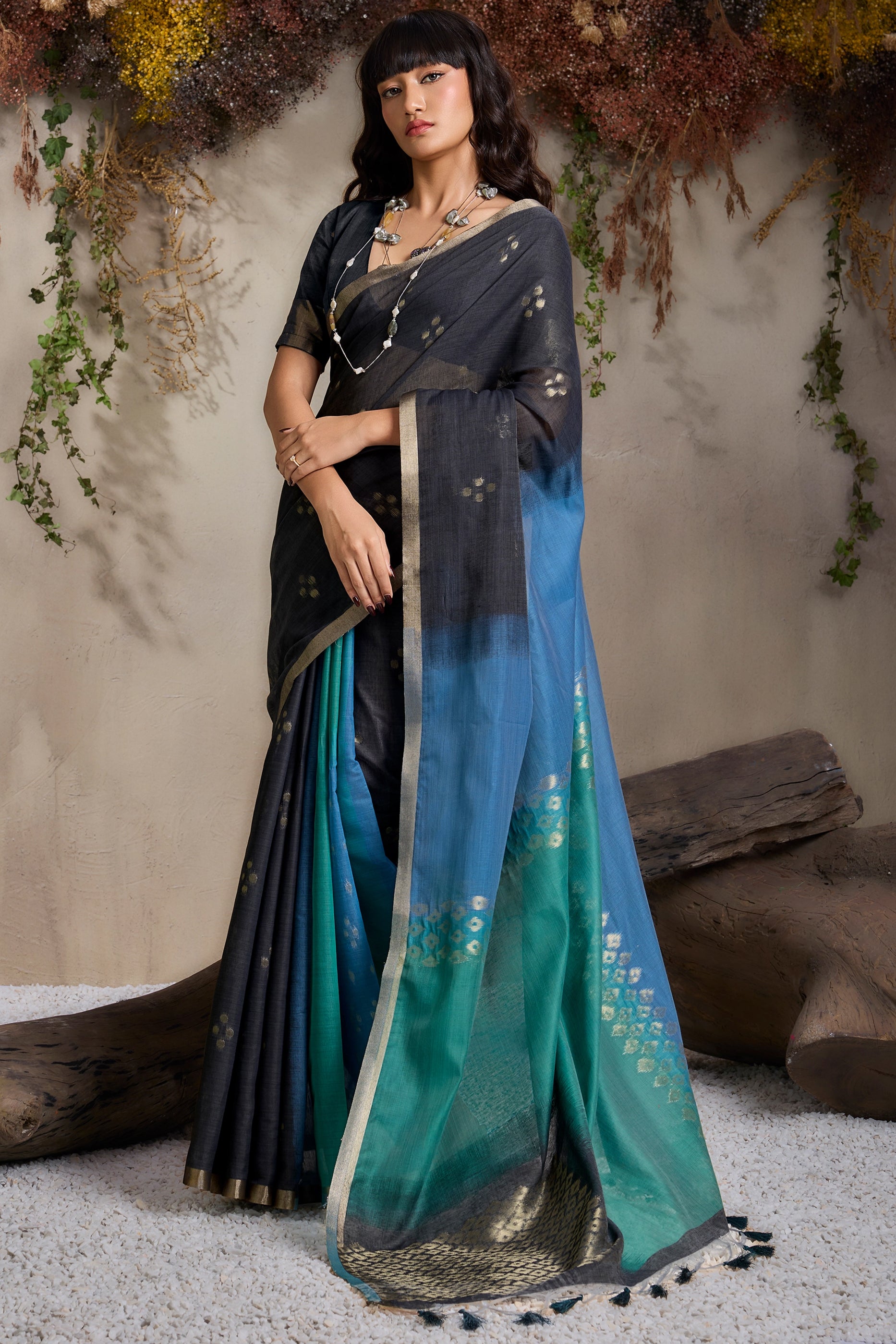 Multicolor Black Woven Viscose Cotton Saree-SAR11953_4_SareeButa.com