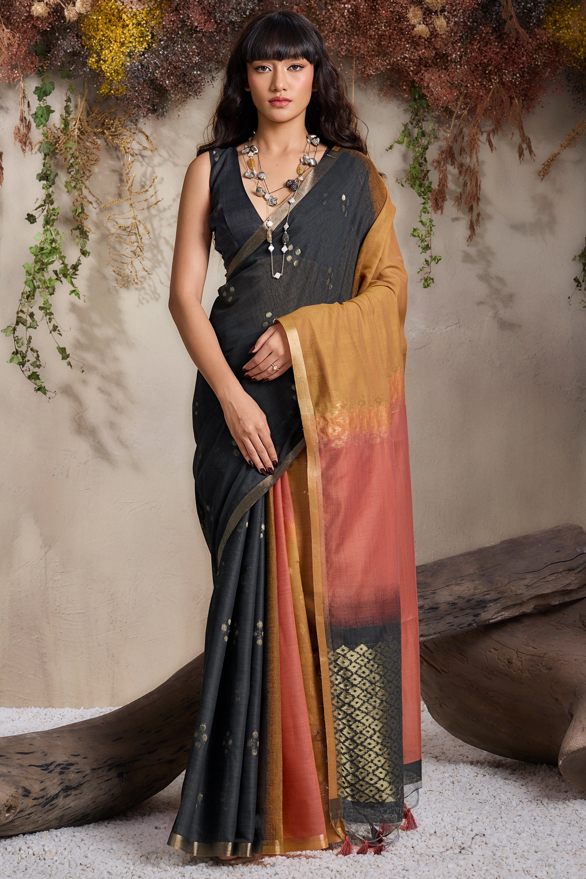 Multicolor Black Woven Viscose Cotton Saree-SAR11954_1_SareeButa.com