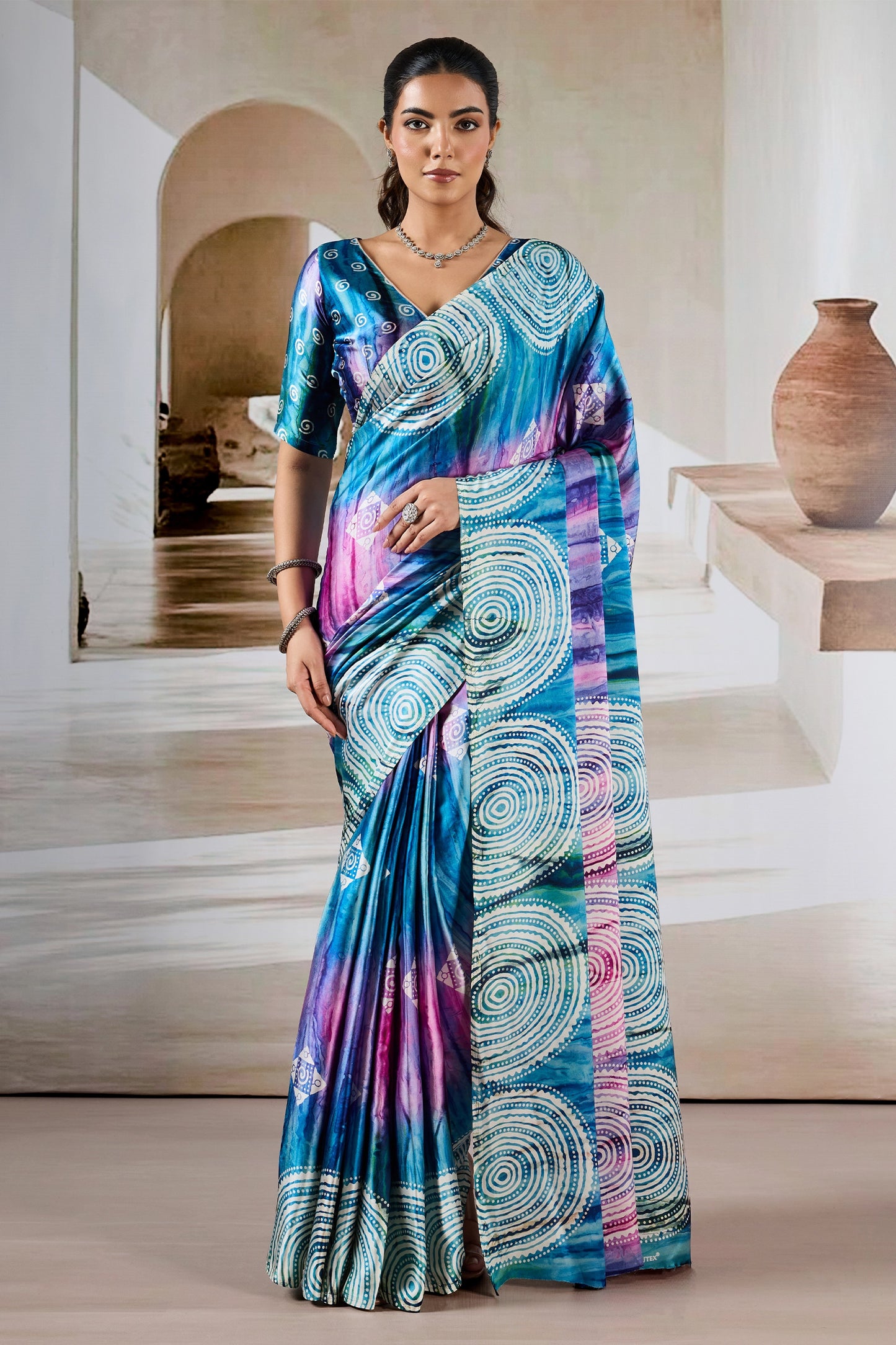 Multicolor Blue Ajrakh Print Satin Saree-SAR11903_1_SareeButa.com