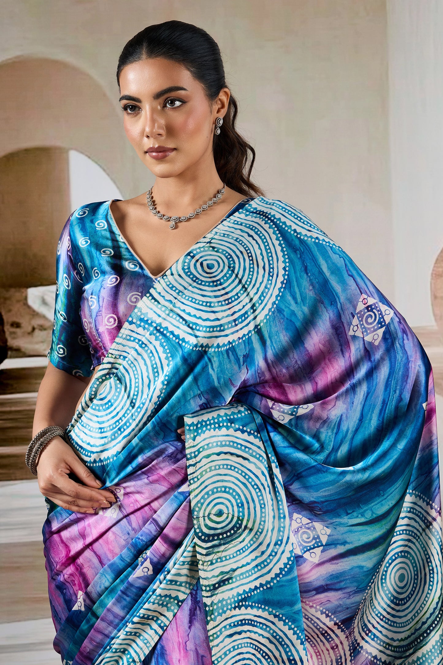 Multicolor Blue Ajrakh Print Satin Saree-SAR11903_2_SareeButa.com