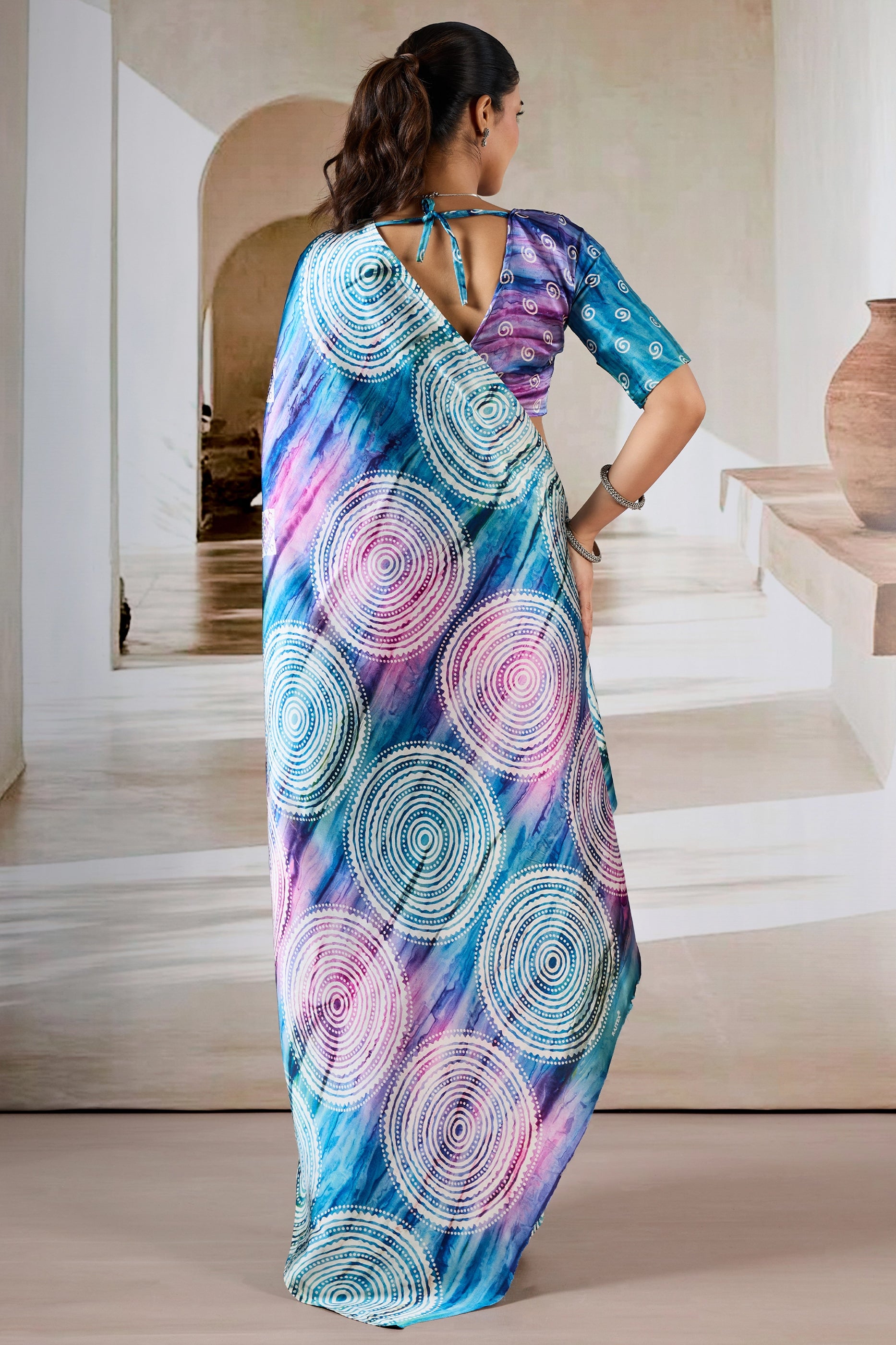 Multicolor Blue Ajrakh Print Satin Saree-SAR11903_3_SareeButa.com