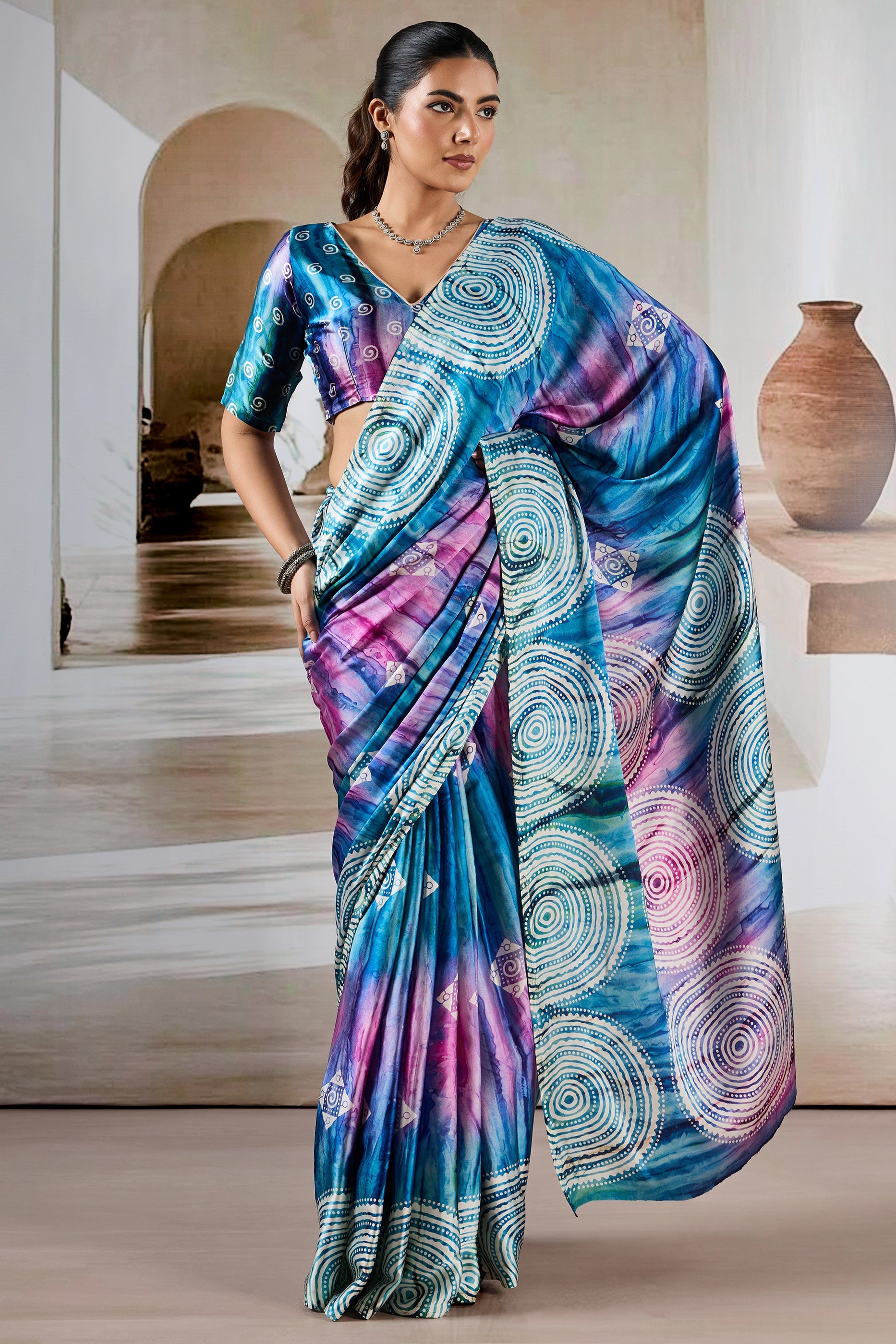 Multicolor Blue Ajrakh Print Satin Saree-SAR11903_4_SareeButa.com