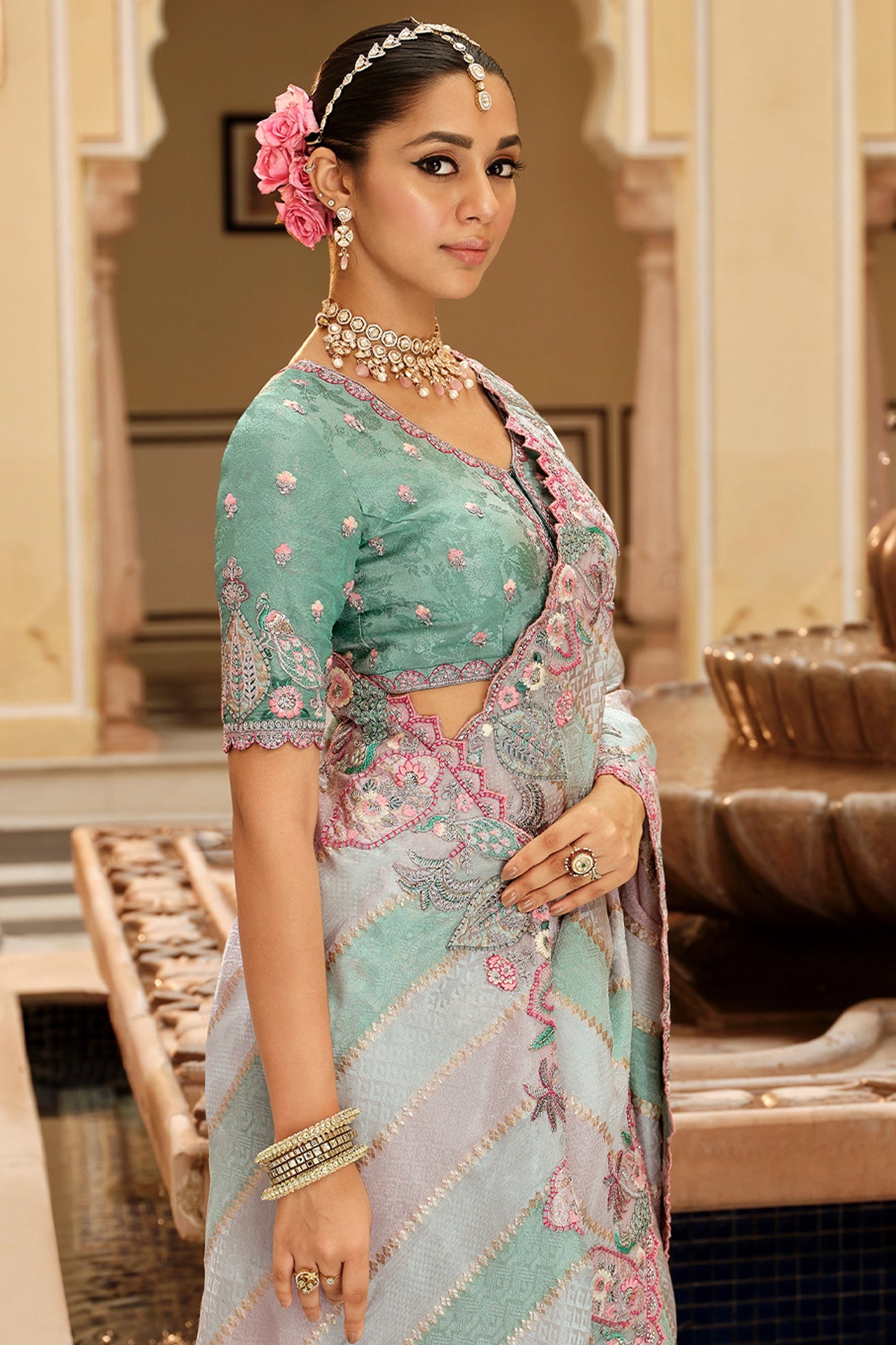 Multicolor Embroidered Jacquard Viscose Silk Saree-SAR10372_3_SareeButa.com