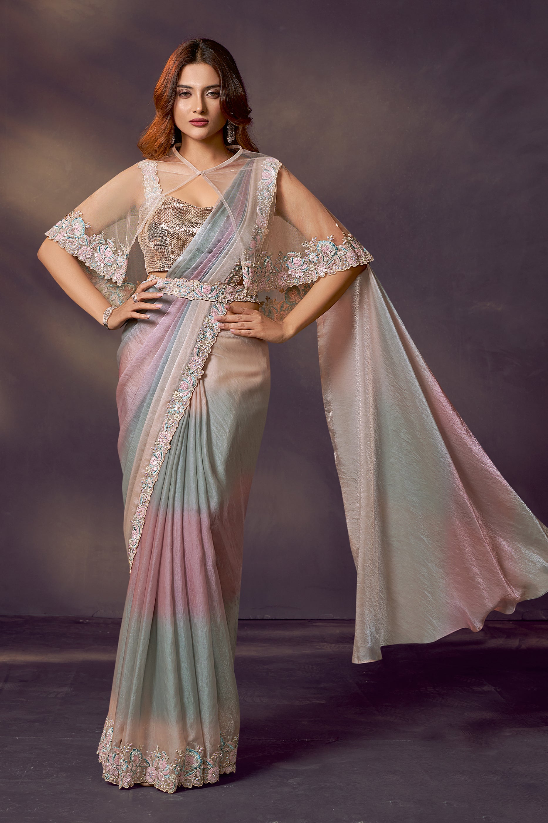 Buta 164 Shop for Multicolor Embroidered Satin Readymade Saree with Stitched ...