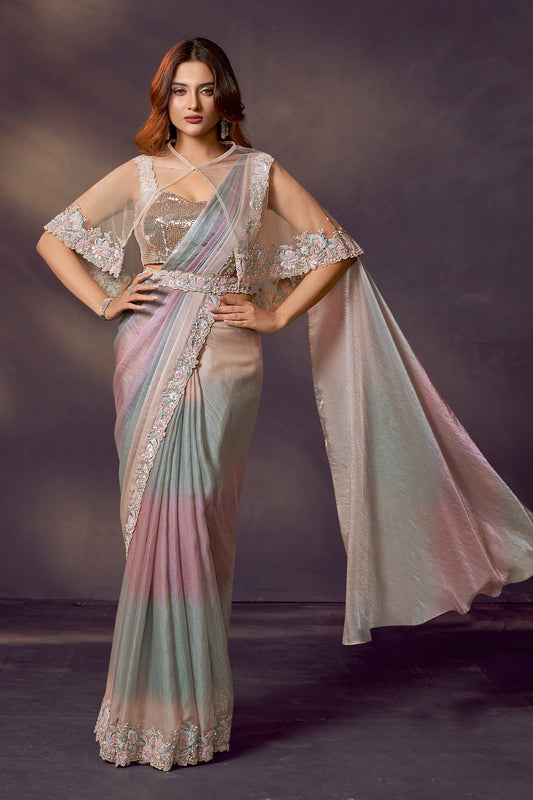 Multicolor Embroidered Satin Readymade Saree with Stitched Blouse-SAR10864_1_SareeButa.com