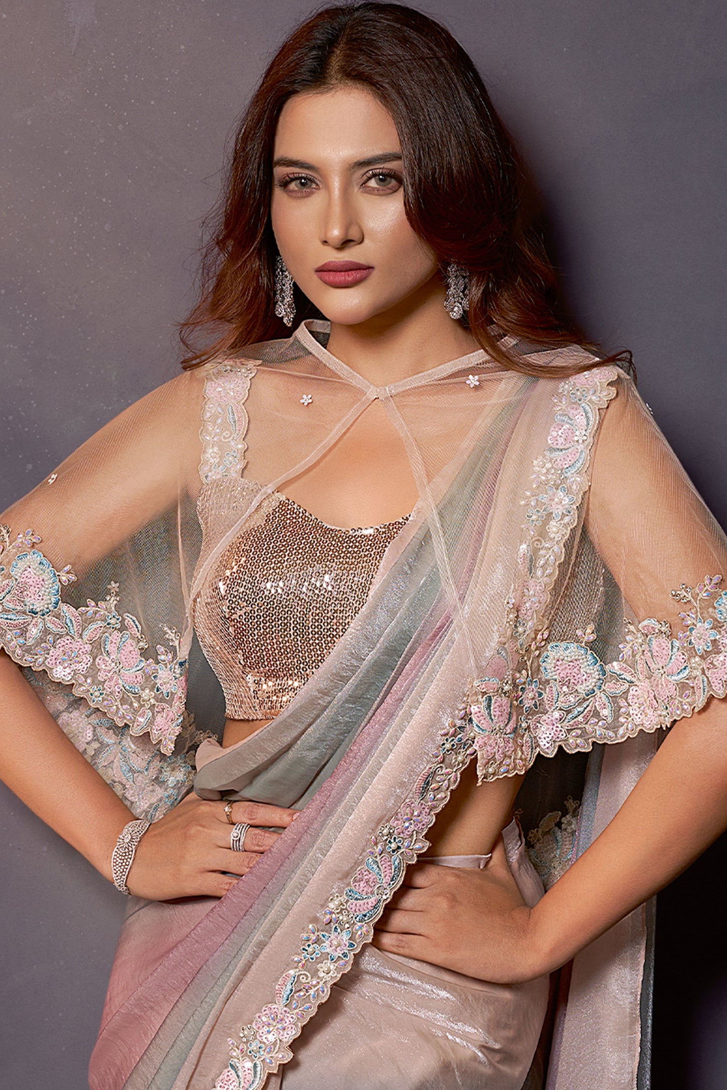 Multicolor Embroidered Satin Readymade Saree with Stitched Blouse-SAR10864_3_SareeButa.com