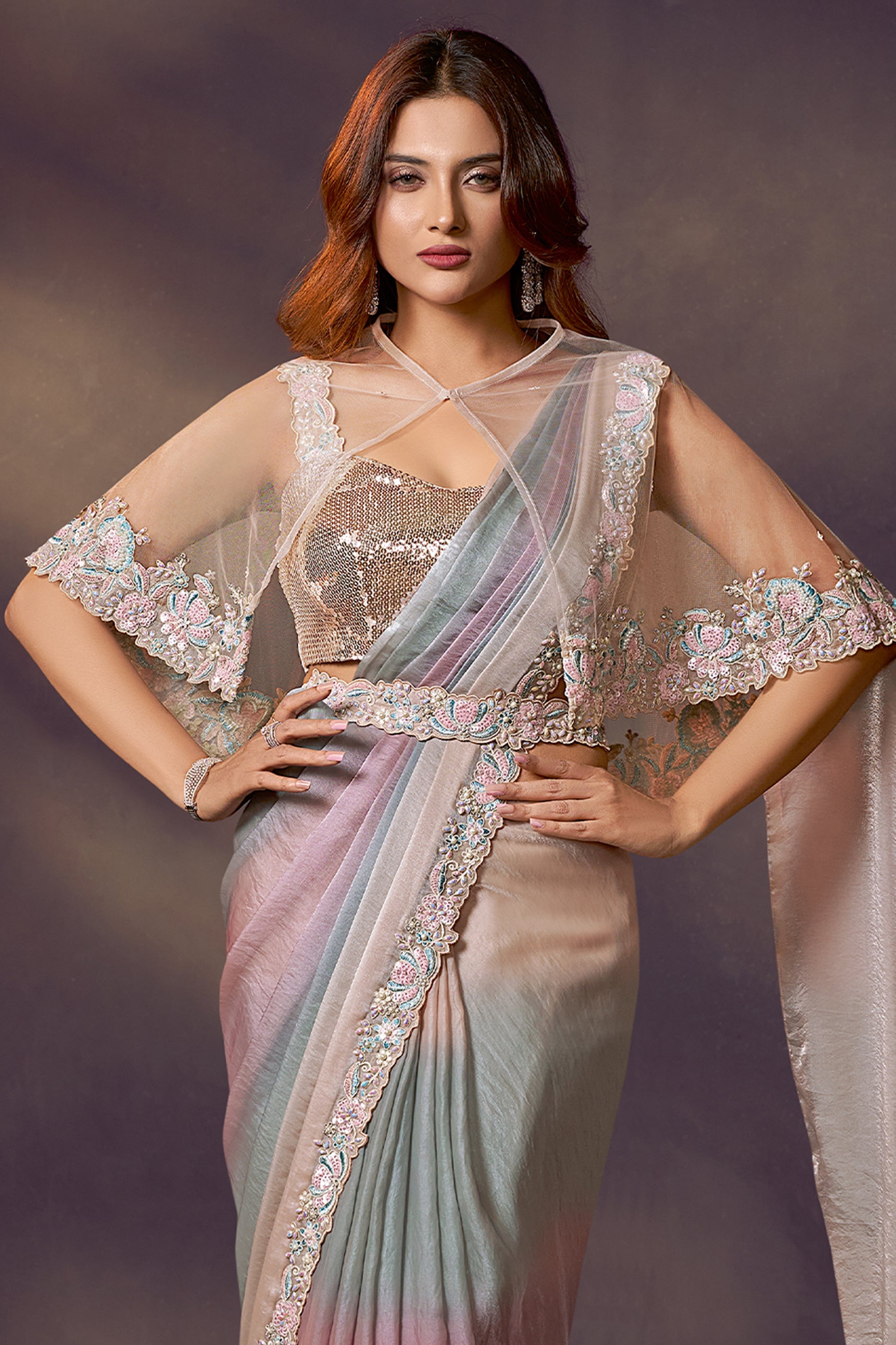 Multicolor Embroidered Satin Readymade Saree with Stitched Blouse-SAR10864_4_SareeButa.com