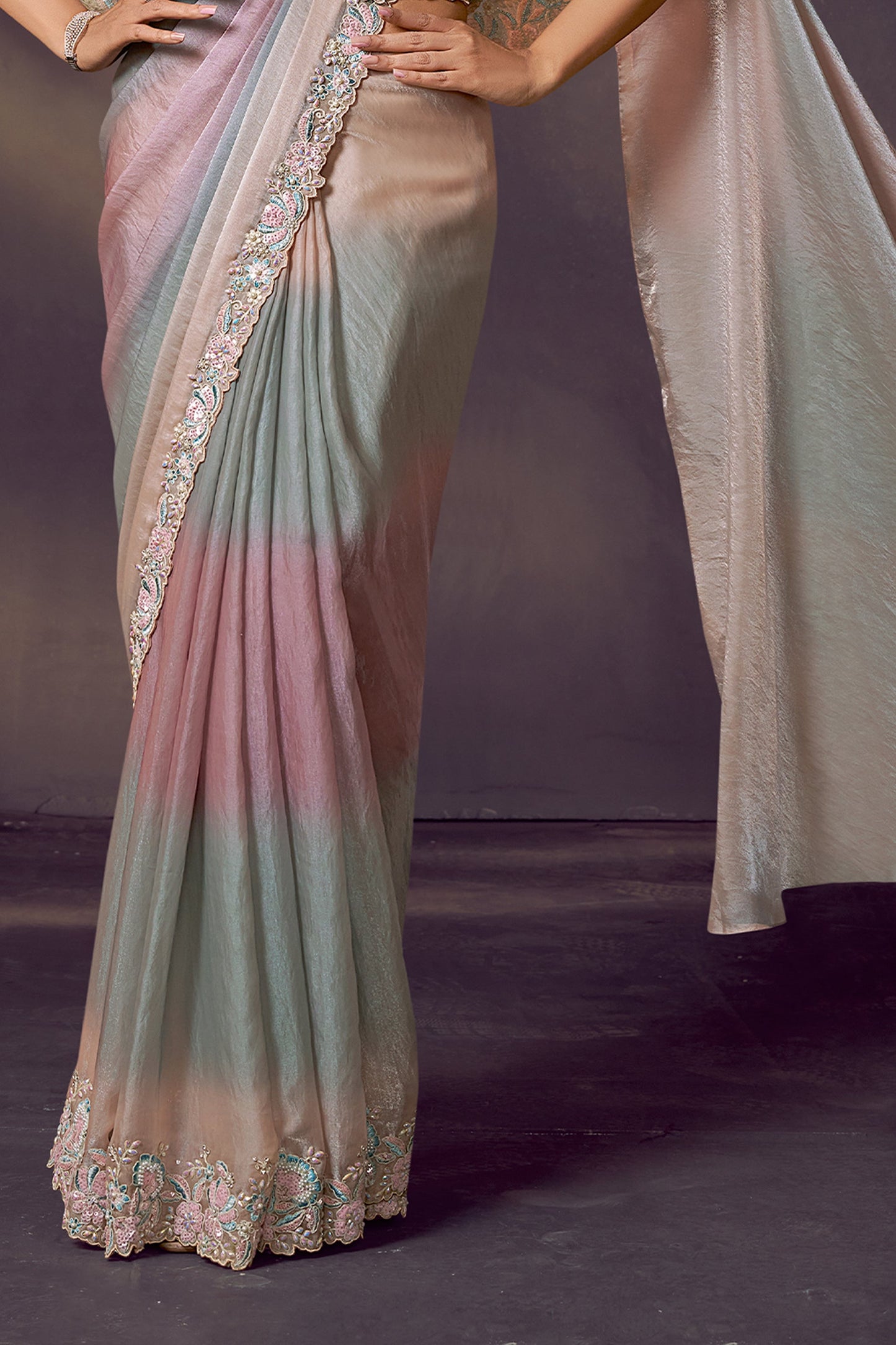 Multicolor Embroidered Satin Readymade Saree with Stitched Blouse-SAR10864_5_SareeButa.com