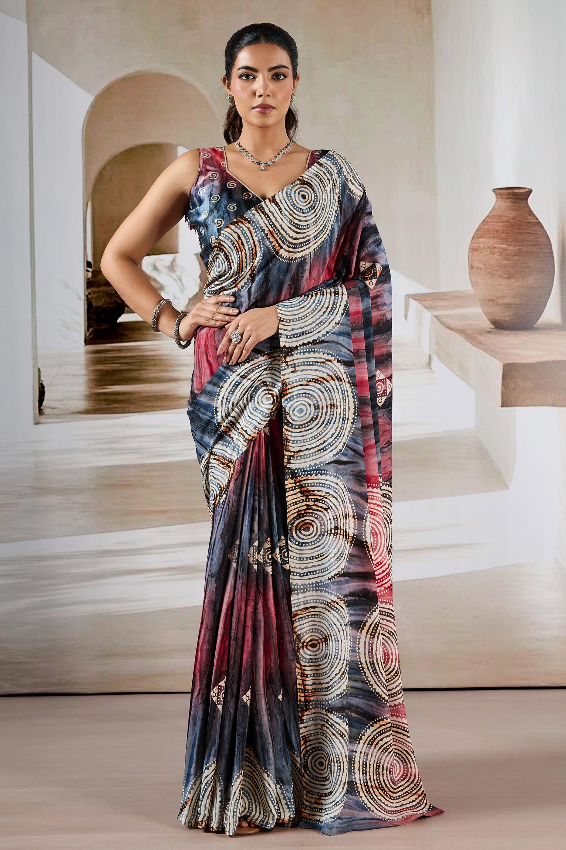 Multicolor Grey Ajrakh Print Satin Saree-SAR11902_1_SareeButa.com
