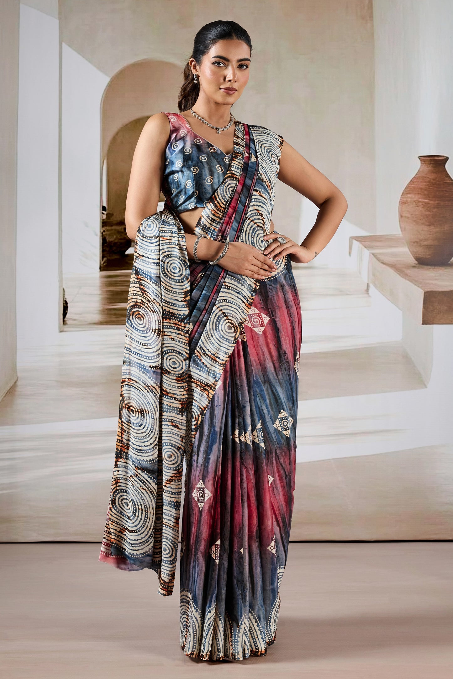 Multicolor Grey Ajrakh Print Satin Saree-SAR11902_3_SareeButa.com