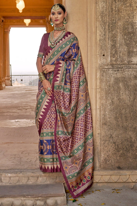 Multicolor Pink Ajarakh Printed Viscose Silk Saree-SAR10143_1_SareeButa.com