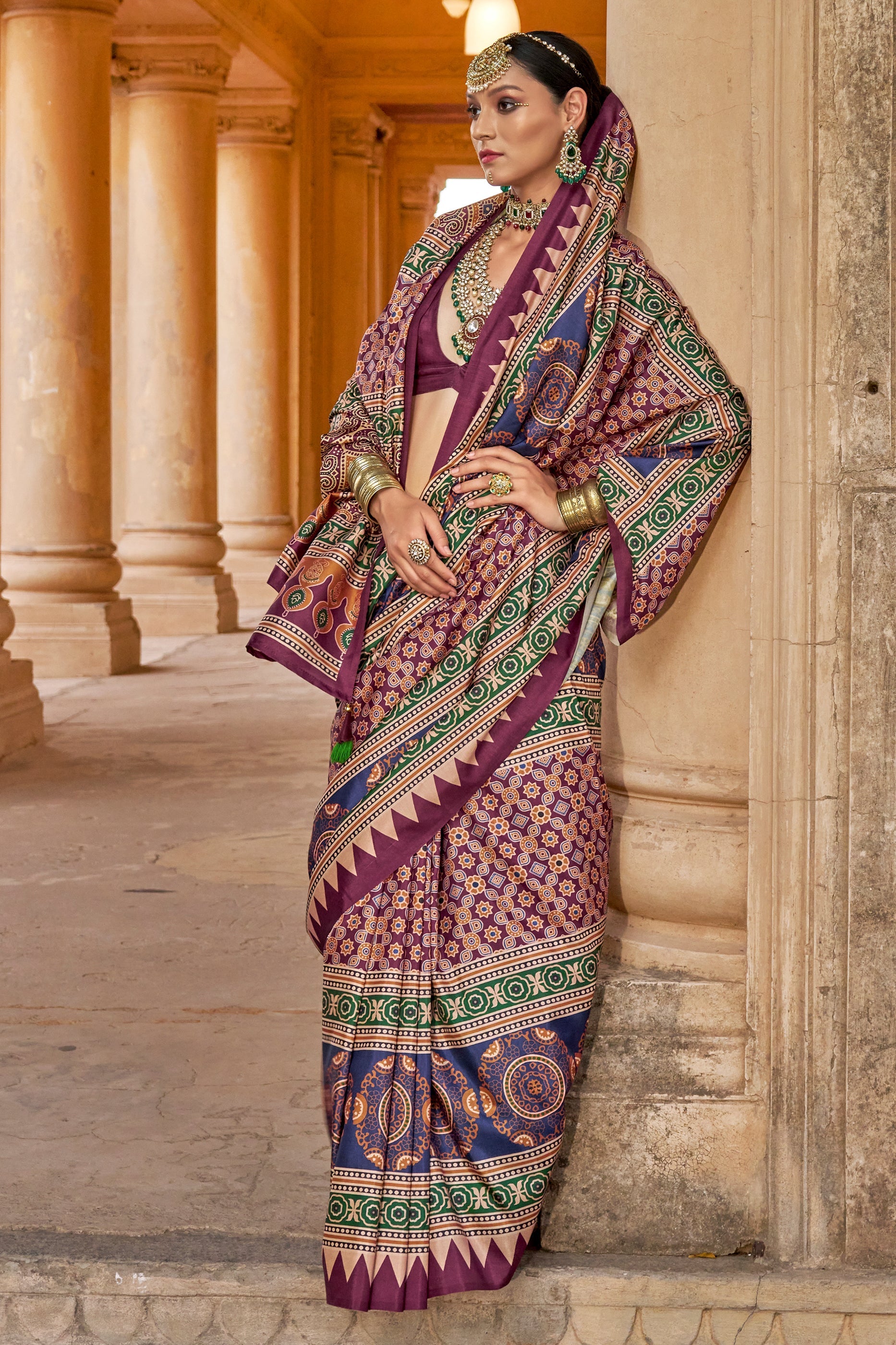 Multicolor Pink Ajarakh Printed Viscose Silk Saree-SAR10143_2_SareeButa.com