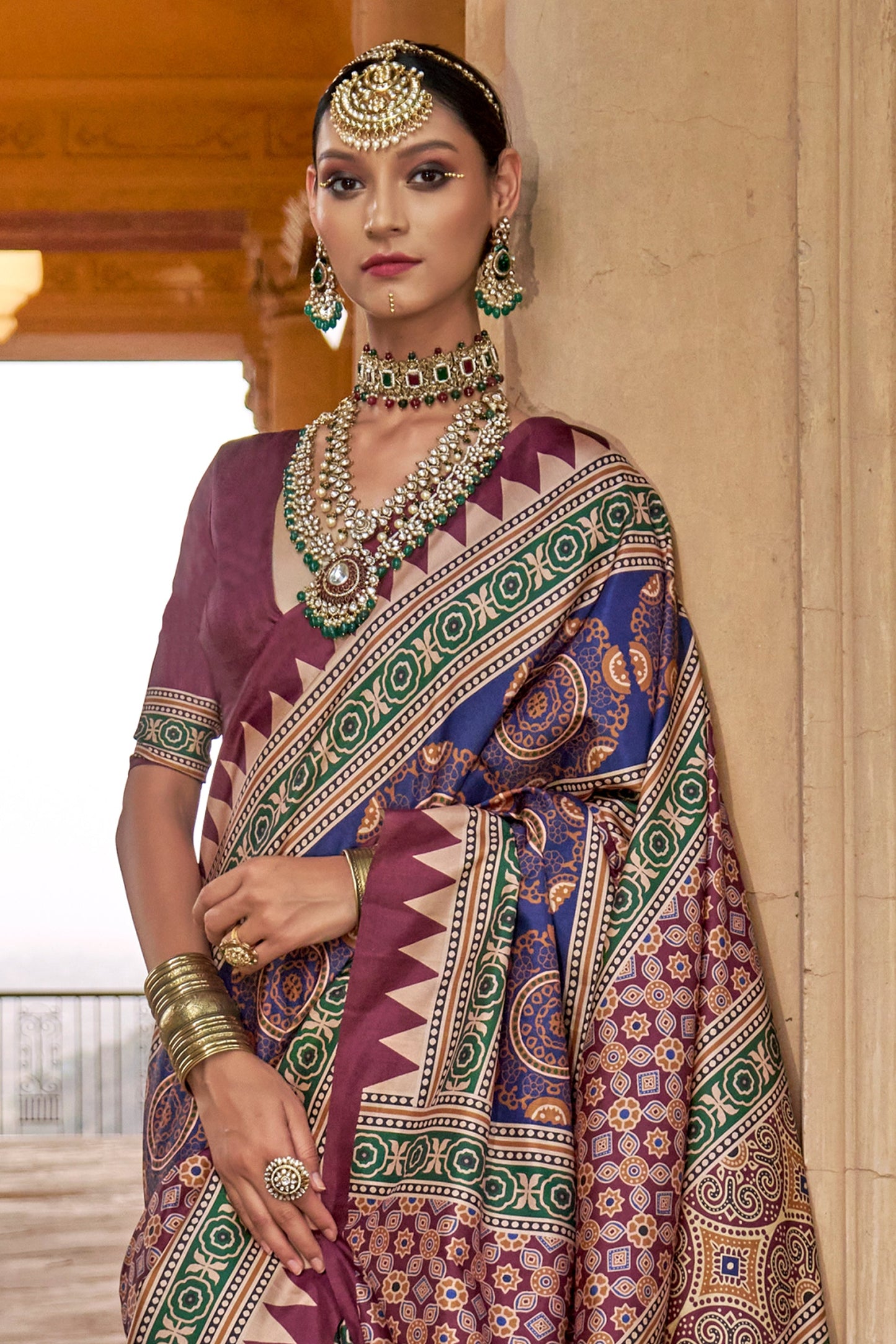 Multicolor Pink Ajarakh Printed Viscose Silk Saree-SAR10143_3_SareeButa.com