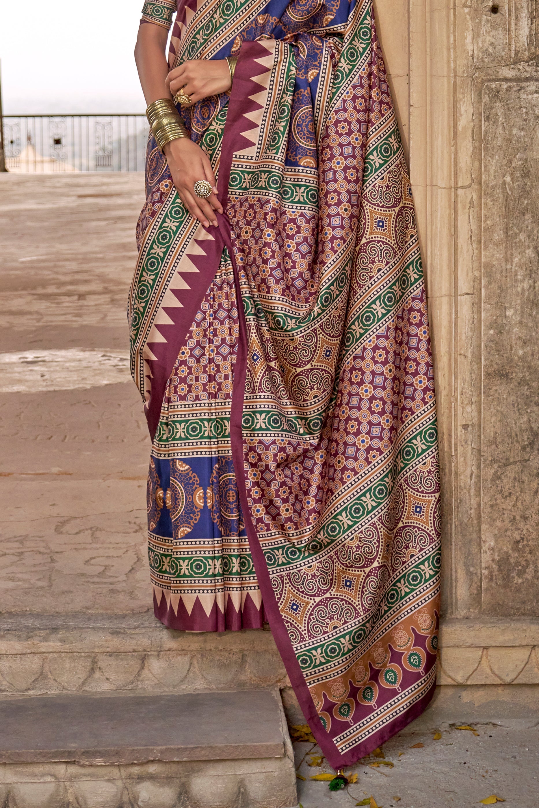 Multicolor Pink Ajarakh Printed Viscose Silk Saree-SAR10143_4_SareeButa.com