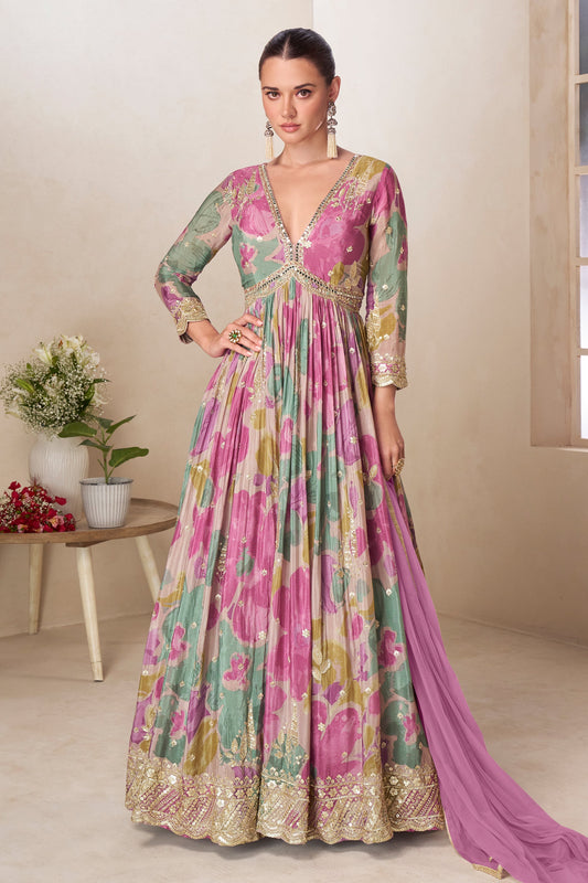 Multicolor Readymade Chinon Gown with Dupatta-SAR11560_1_SareeButa.com