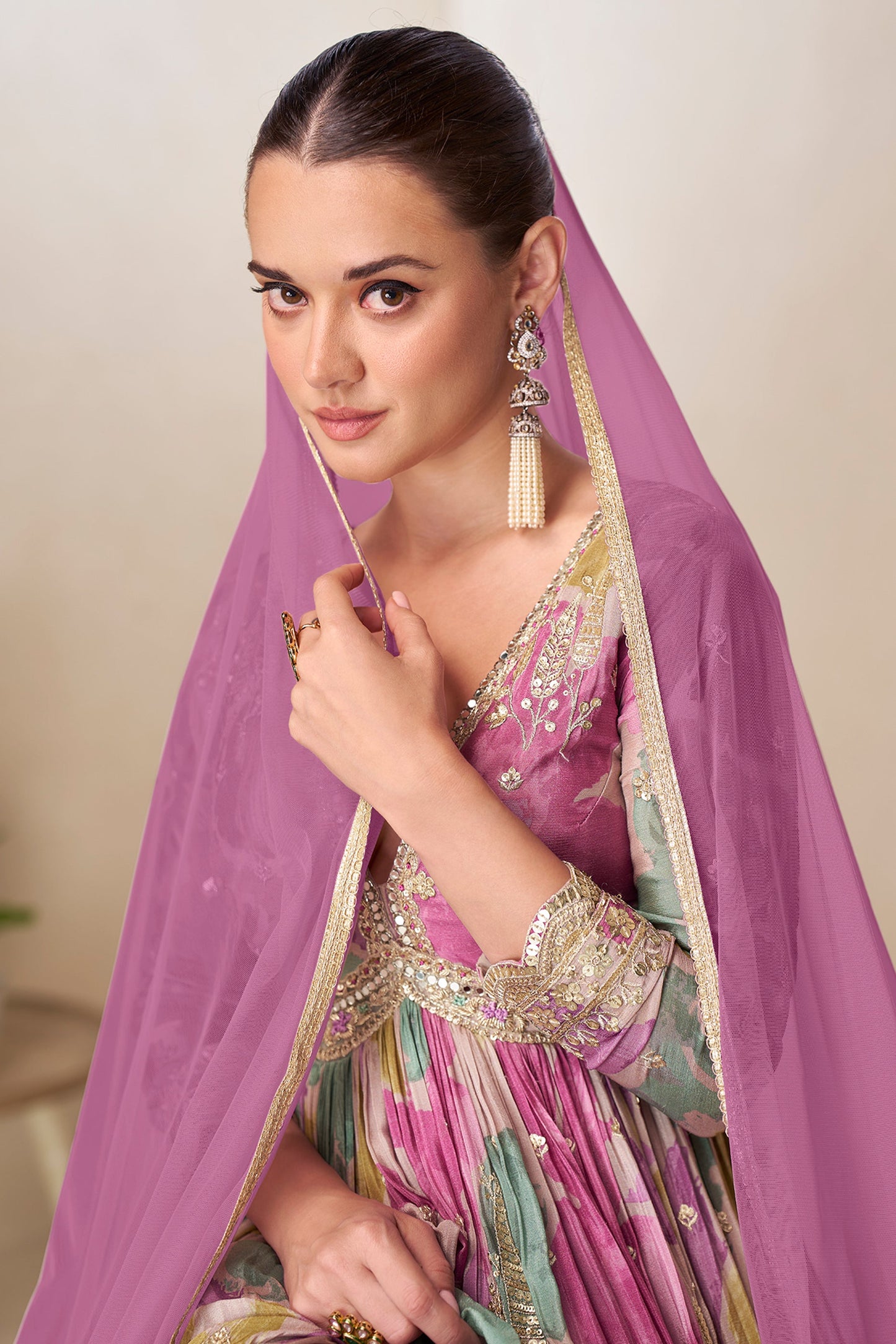 Multicolor Readymade Chinon Gown with Dupatta-SAR11560_2_SareeButa.com