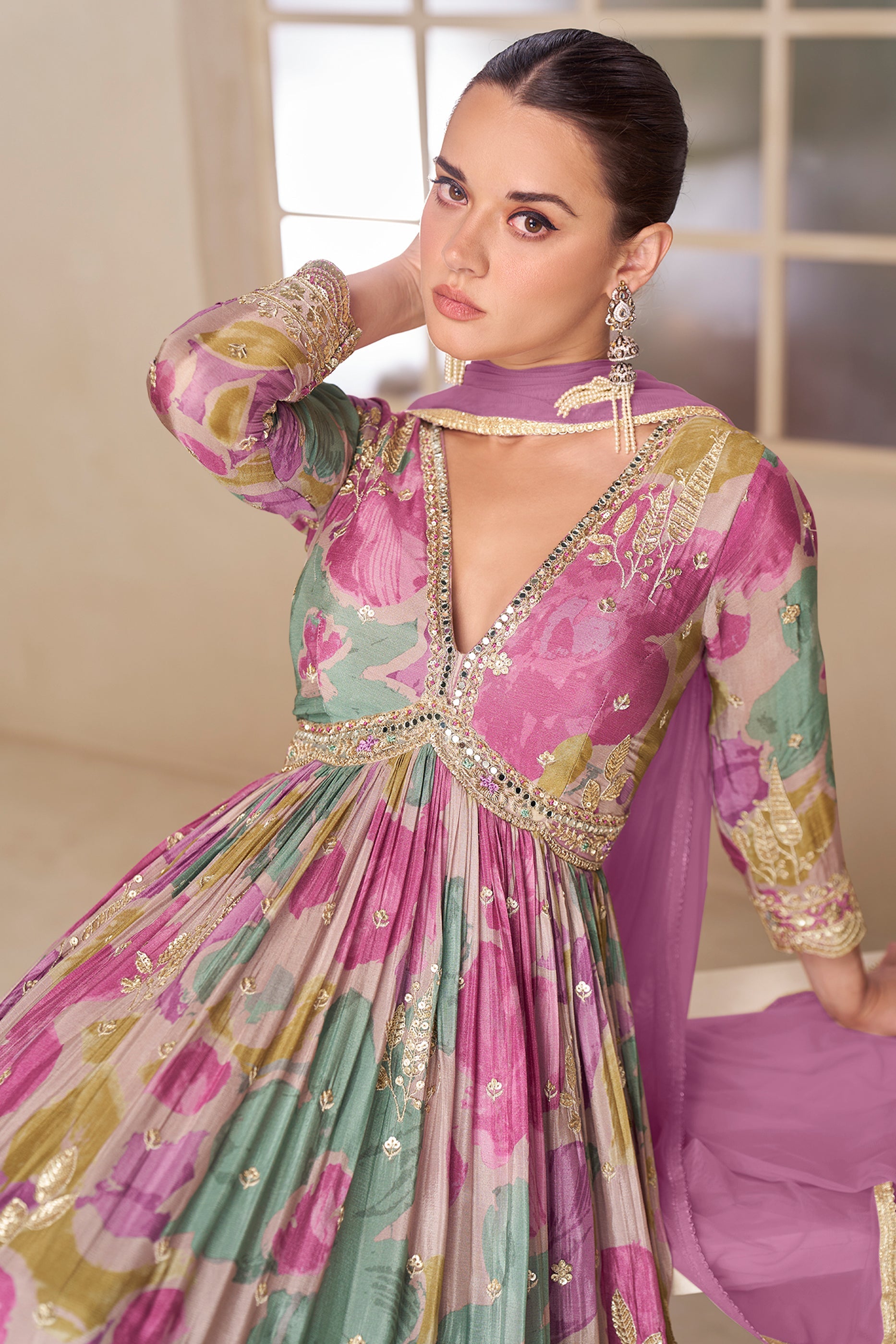 Multicolor Readymade Chinon Gown with Dupatta-SAR11560_3_SareeButa.com