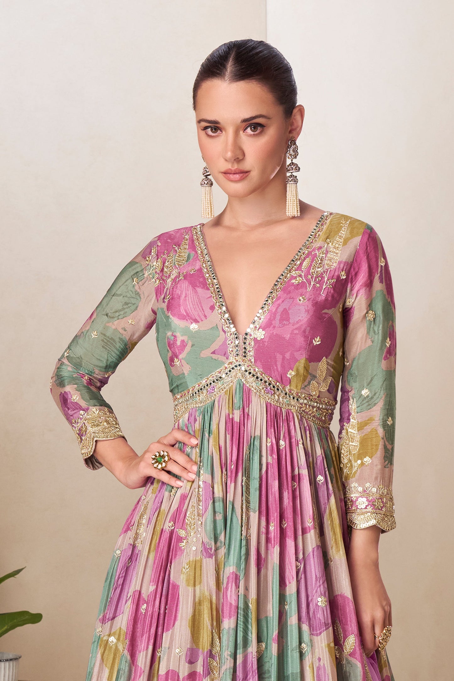 Multicolor Readymade Chinon Gown with Dupatta-SAR11560_4_SareeButa.com