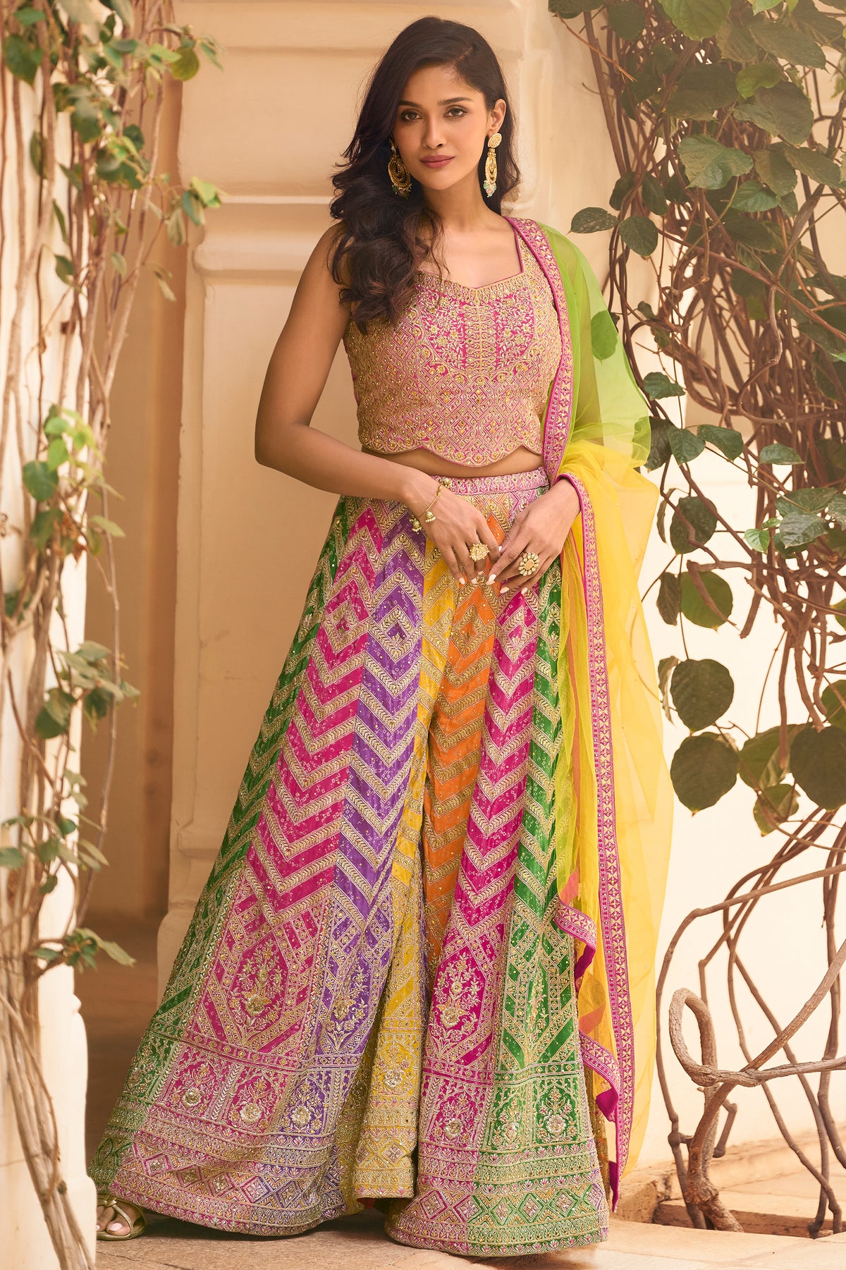 Multicolor Readymade Chinon Palazzo Set with Dupatta-SAR13542_1_SareeButa.com