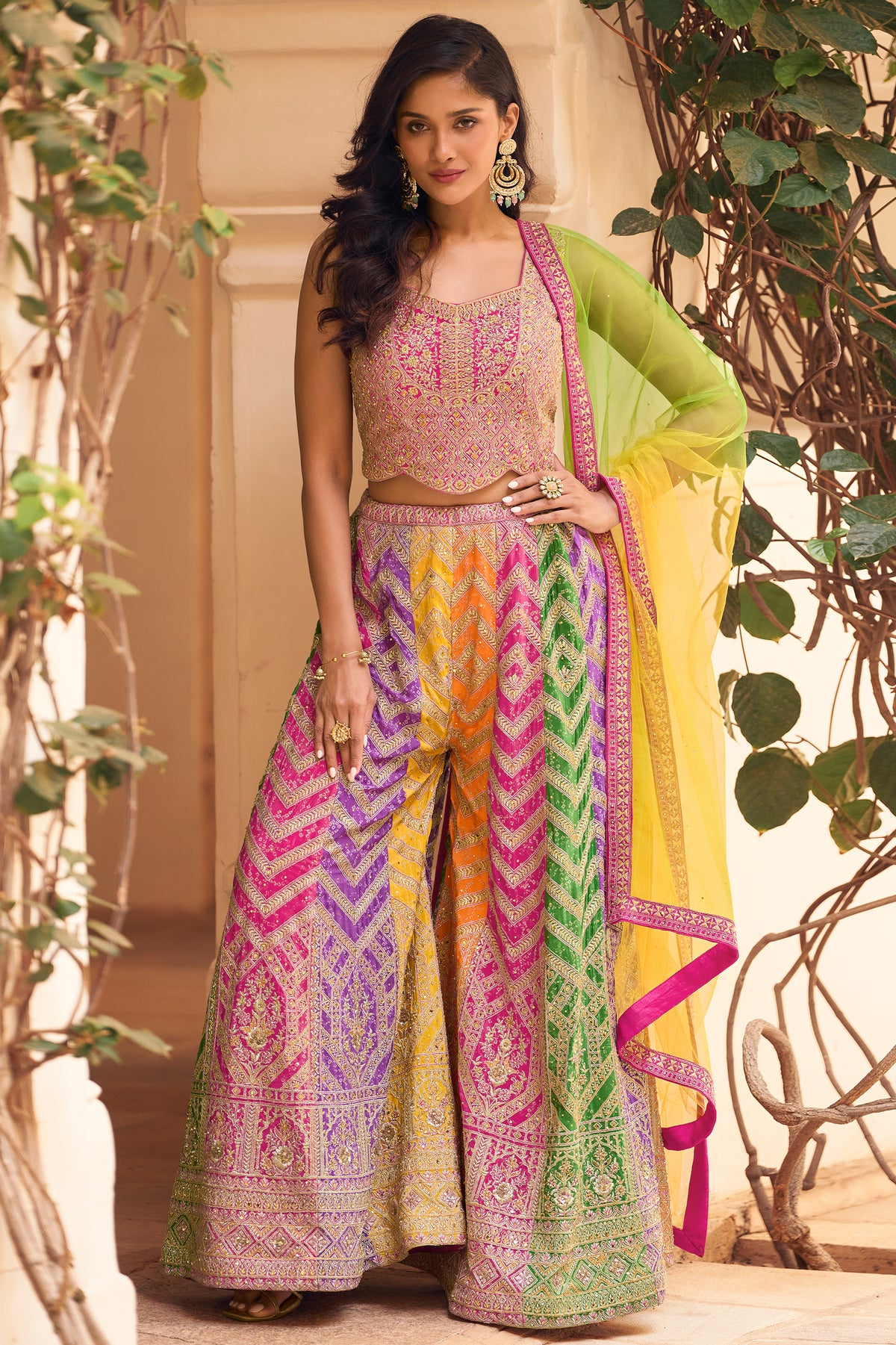 Multicolor Readymade Chinon Palazzo Set with Dupatta-SAR13542_4_SareeButa.com