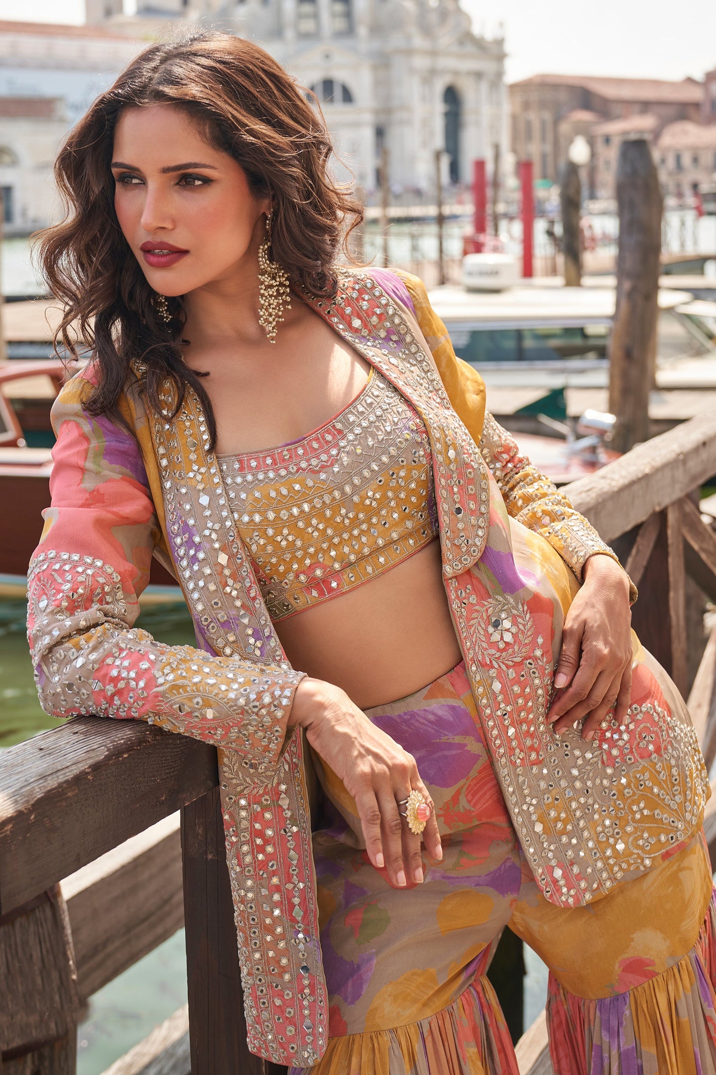 Multicolor Readymade Chinon Silk Sharara Set With Jacket-SAR11380_3_SareeButa.com