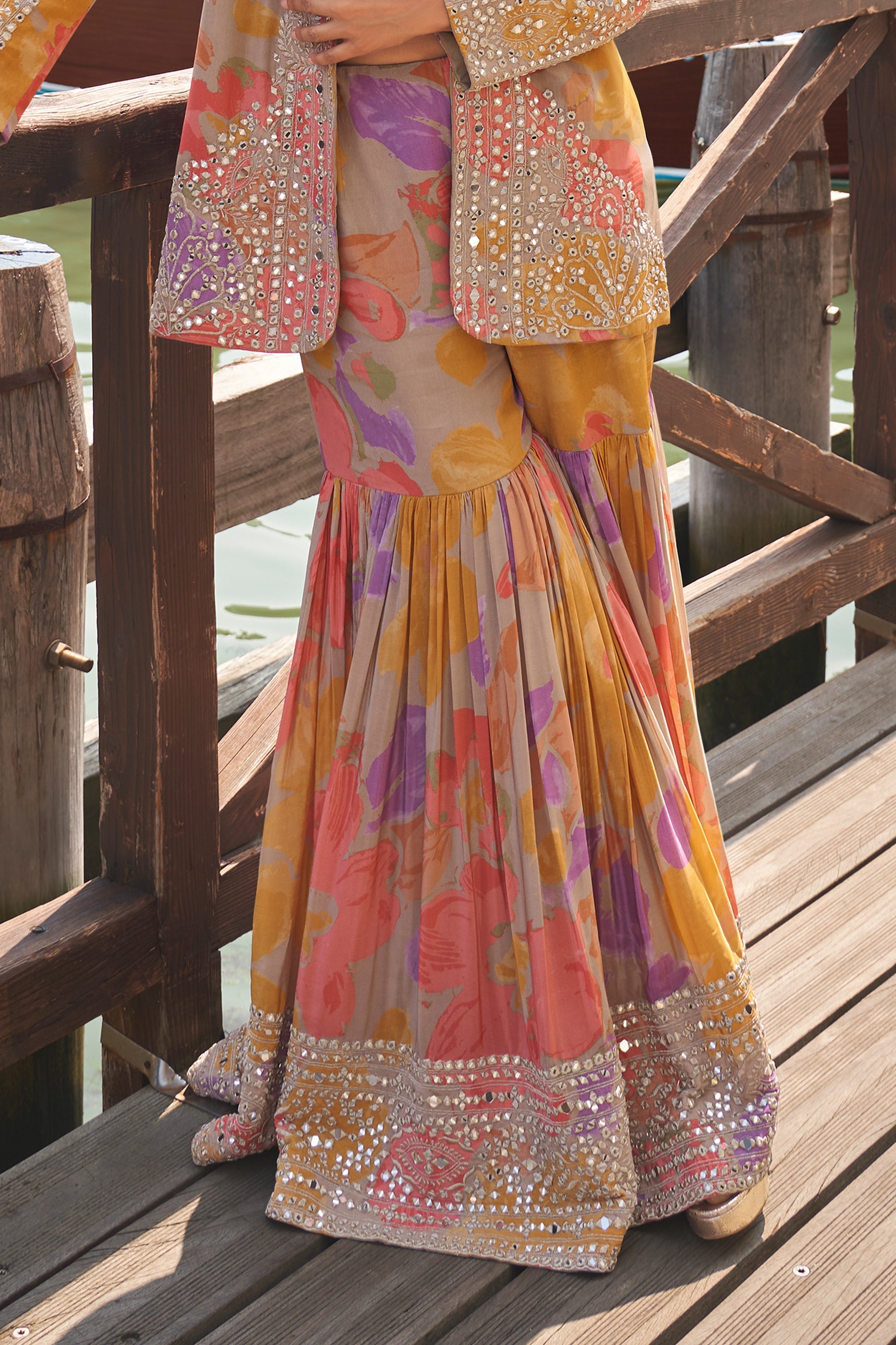 Multicolor Readymade Chinon Silk Sharara Set With Jacket-SAR11380_5_SareeButa.com