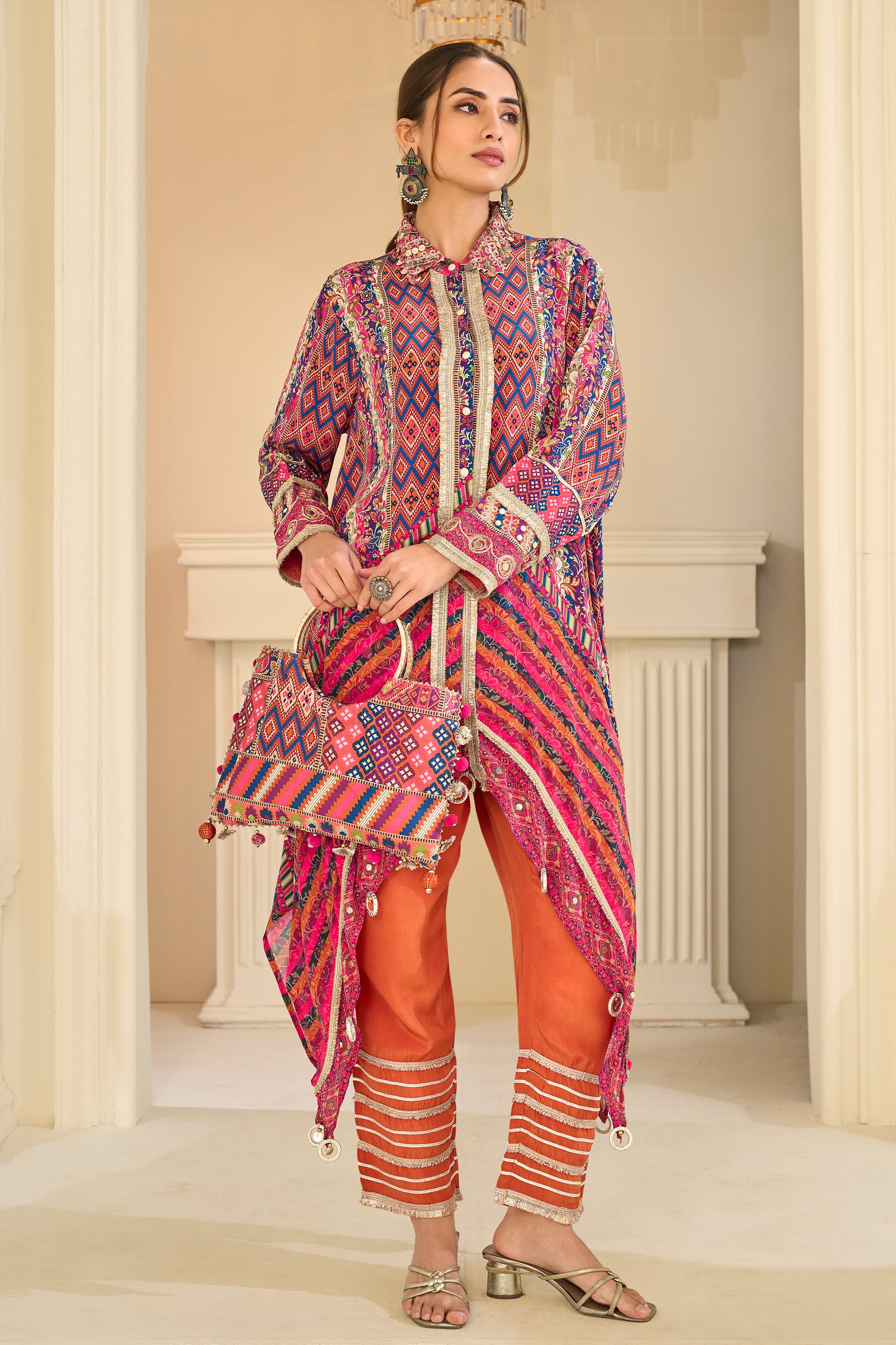 Multicolor Readymade Embroidered Crepe Kurta Set-SAR13019_1_SareeButa.com
