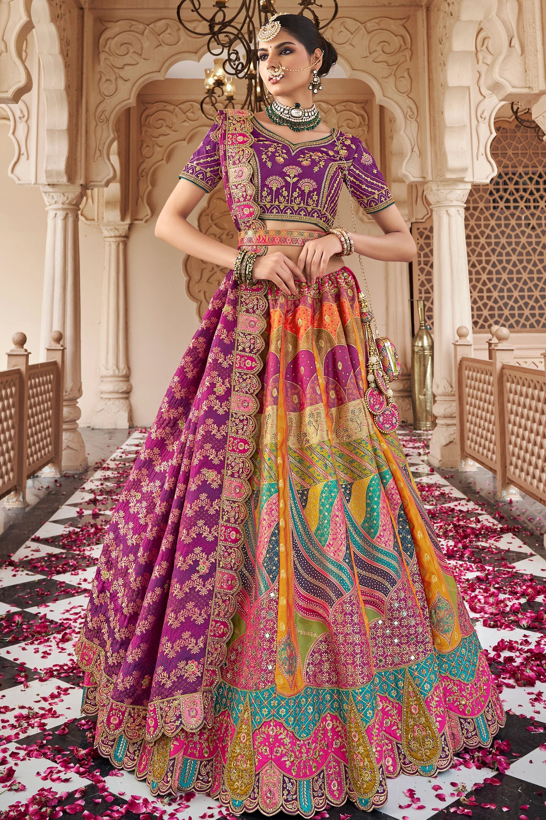 Multicolor Semi-Stitched Banarasi Silk Lehenga-SAR10441_1_SareeButa.com